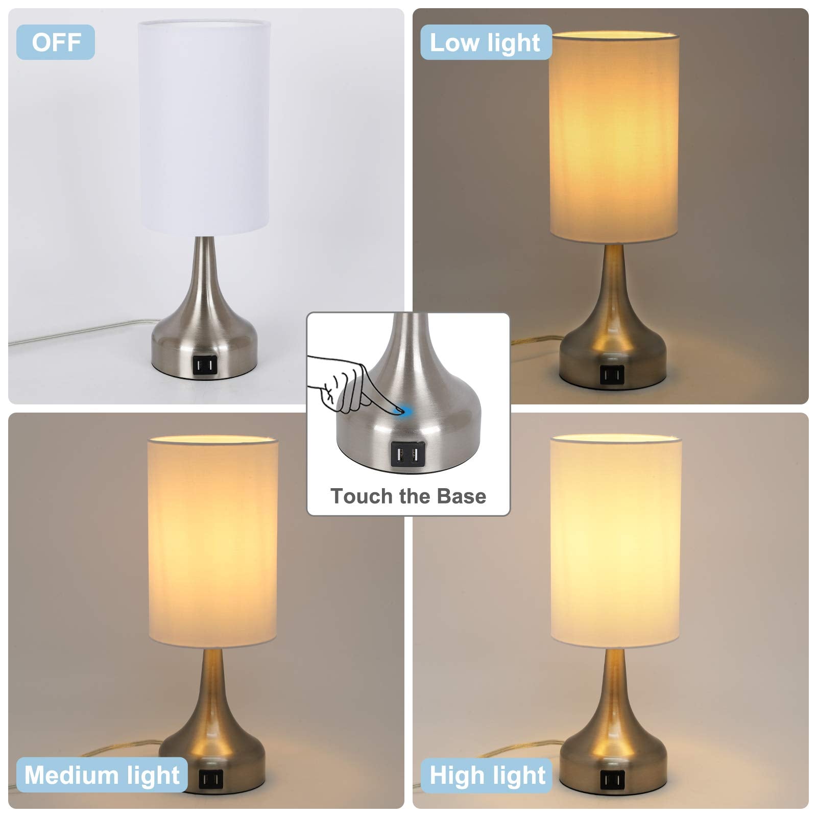 Yoxdalmk 3-Way Dimmable Touch Control Table Lamp Set Of 2, Modern Bedside Desk Lamp With Dual Usb Charging Ports, White Fabric Lampshade Nightstand Lamp For Bedroom, Living Room (Led Bulbs Included)¡­