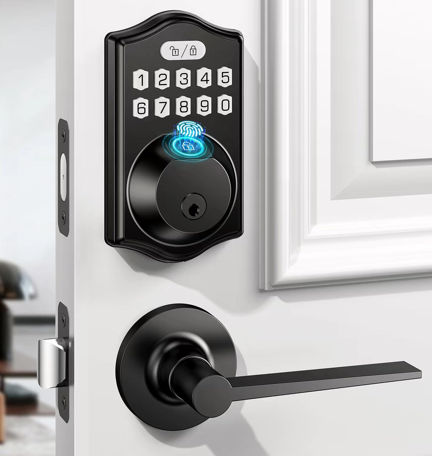 Kxzcctie Keyless Entry Door Lock Deadbolt With Handle Set-Front Smart Door Locks For Front Door-With 2 Lever Handles-Electronic Keypad Code Deadbolt,Fingerprint Door Lock-Auto Lock(Black)