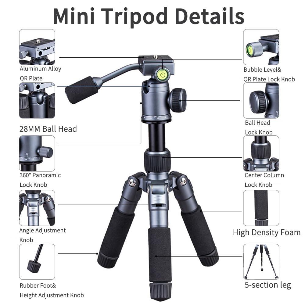 Jafuqaw Portable Desktop Mini Tripod With Panning Handle, 20" / 52Cm Desk Tabletop Aluminum Alloy With 360° Ball Head, Compact Tripod For Dslr Camera Video Camcorder, Load Up To 13Lb / 6Kg