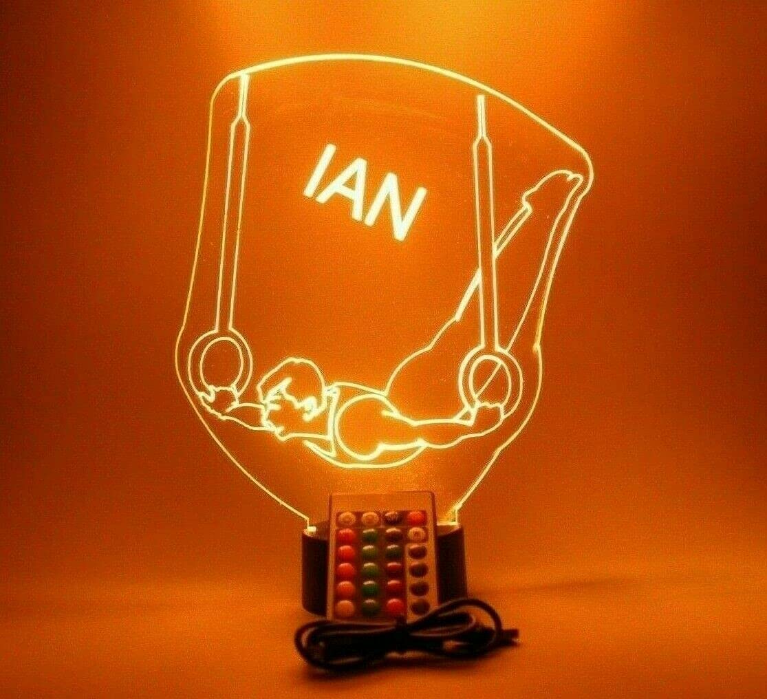 Mirror Mania Gymnast Night Light Up Table Lamp Led Personalized Name Engraved Male Boy Still Rings Gymnastics - It'S Wow, Comes With Remote, 16 Color Changing Options