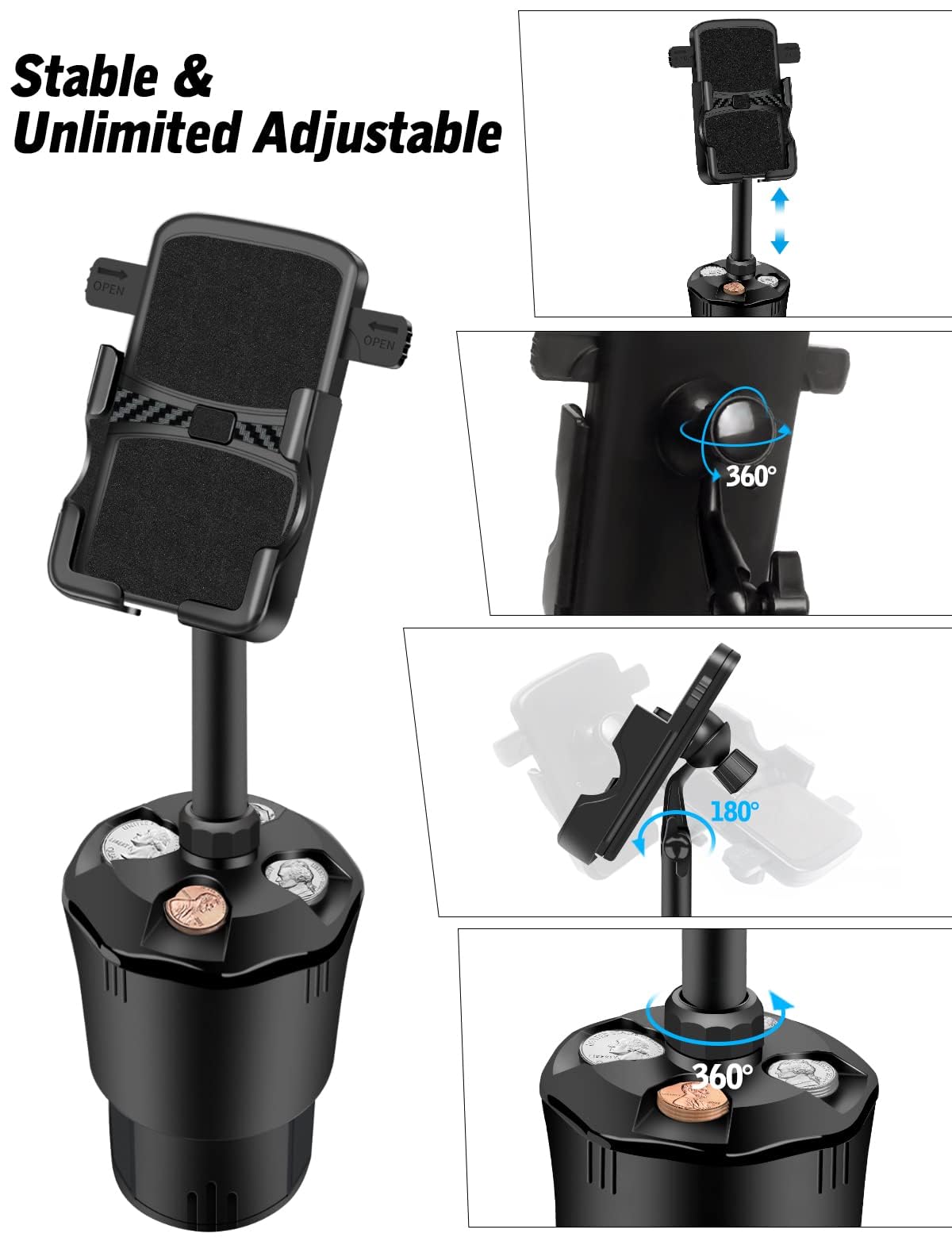 Aoisva Car Cup Holder Phone Mount, Multifunctional Car Cell Phone Holder Coin Holder, Long Arm With 360 Degree Rotation, Compatible Iphone, Samsung & All Smartphones