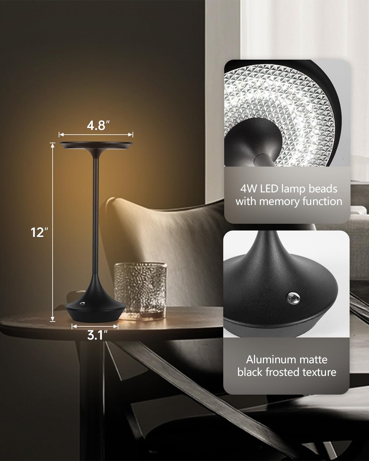 Moddeny 2 Pack Rechargeable Cordless Table Lamps, Portable 4000Mah Battery Table Lights, 3 Color Stepless Dimming Led Wireless Desk Light With Memory Function For Outdoor/Dinner/Bar/Restaurant/Camping
