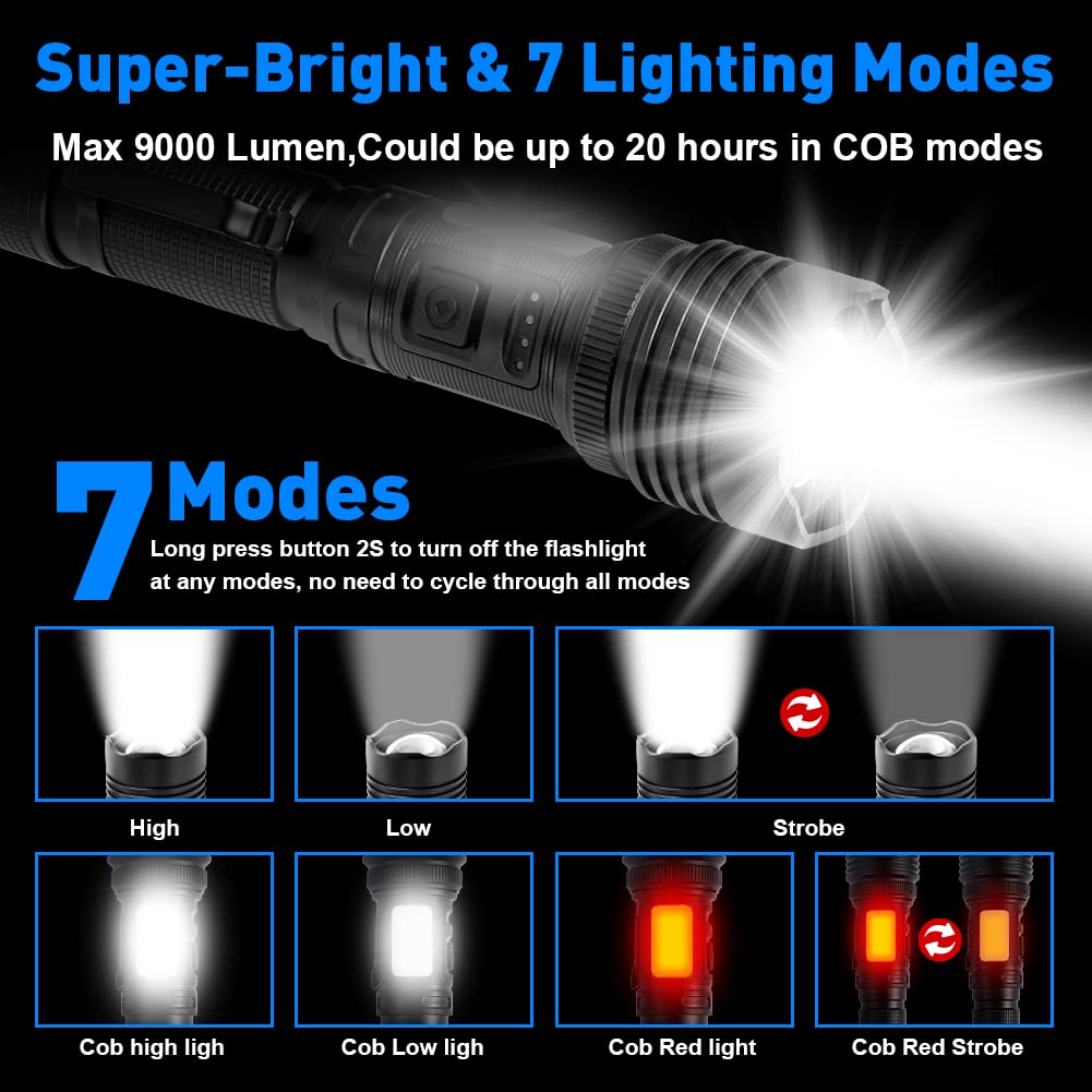 Abnaok Magnetic Rechargeable Led Flashlights, 90000 High Lumens Flashlight, 300W White Led Utility Flashlight With Cob Work Light, Zoomable, 7 Modes, Waterproof Flashlights For Emergencies, Camping