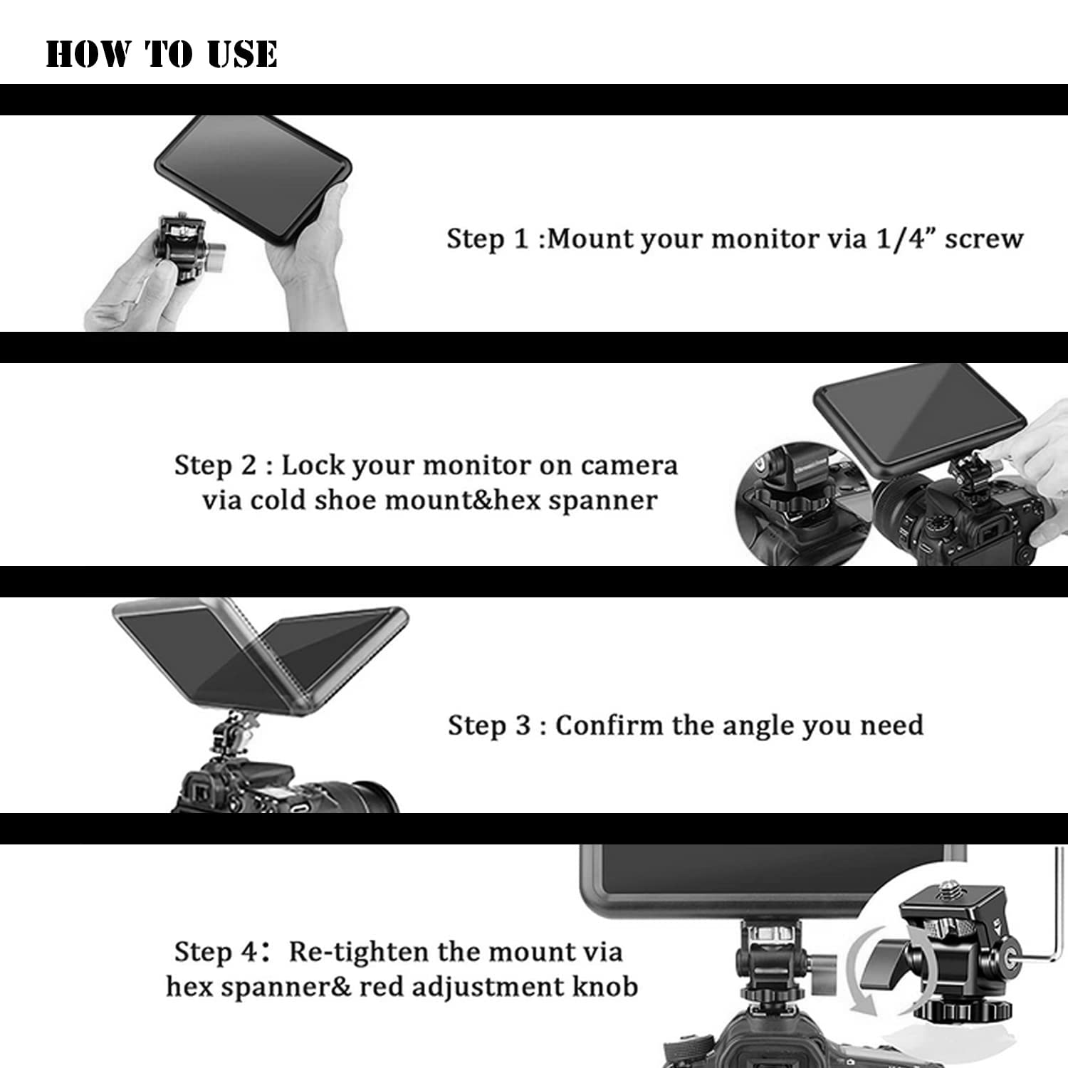 Topcine Filed Monitor Mount Holder Adapter Adjustable Swivel 360° Tilt 180° Hot Cold Shoe Monitor Mounting Bracket For Dslr Camera Cage Rig Stabilizer Compatible With Sony Canon Nikon Fujifilm Dslr