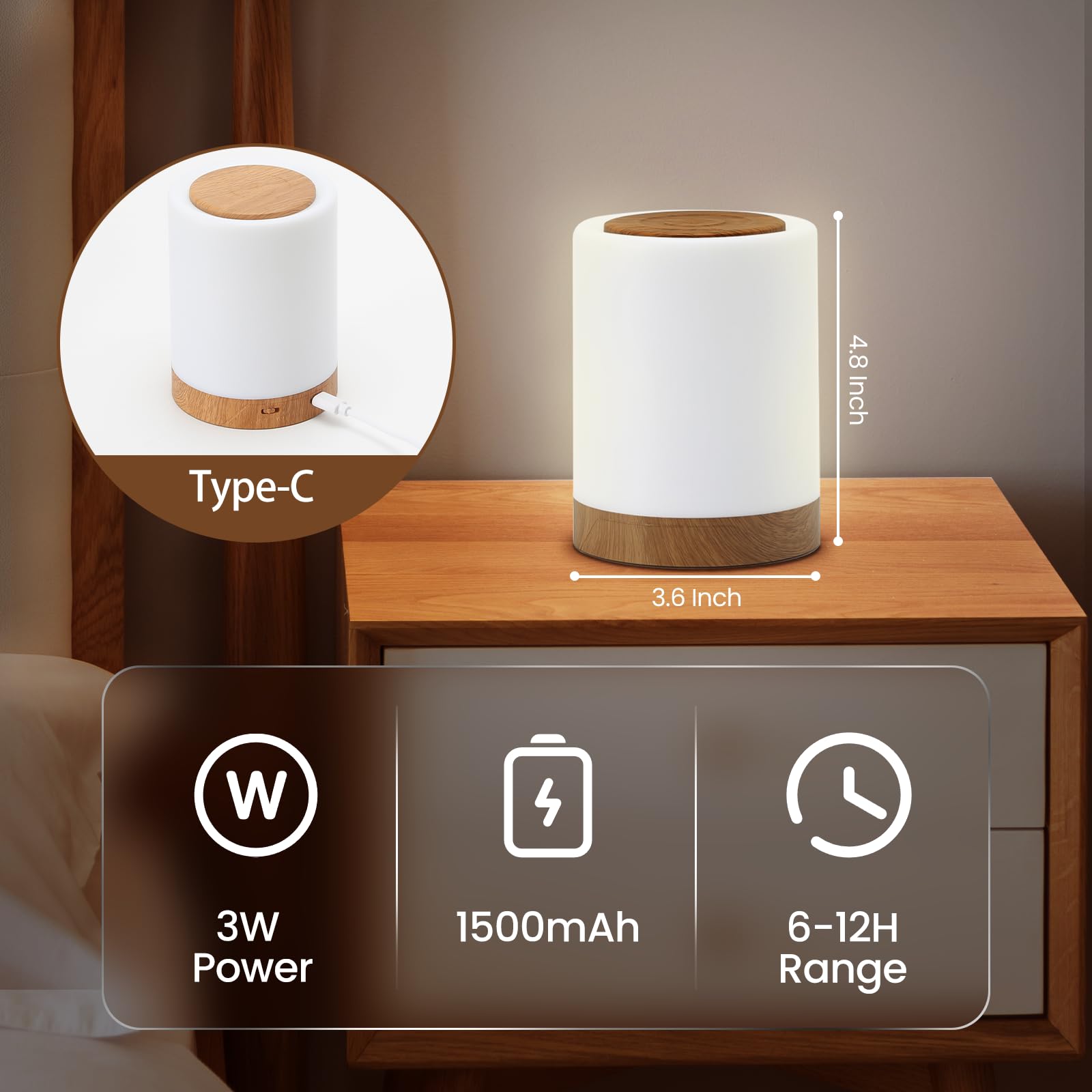 Funteam Night Light - Rechargeable Bedside Touch Lamp With Warm & Color Changing Rgb Light, Touch Color-Changing Ring, Portable For Bedrooms