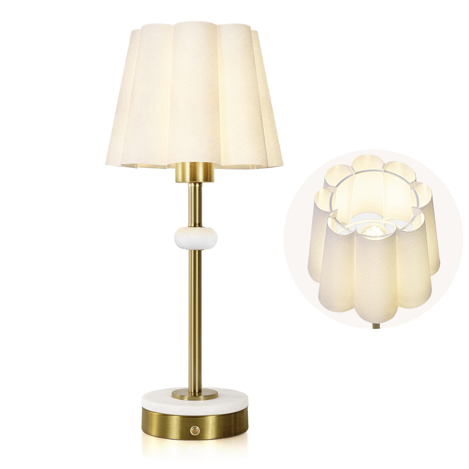 Kivditzo Portable Cordless Linen Shade Table Lamp With Touch Dimmer,4400Mah Rechargeable Battery Powered Lighting,3-Level Brightness,Marble Table Lamp,Bedside Night Lamp,Rechargeable Lamp(Bulb Included)