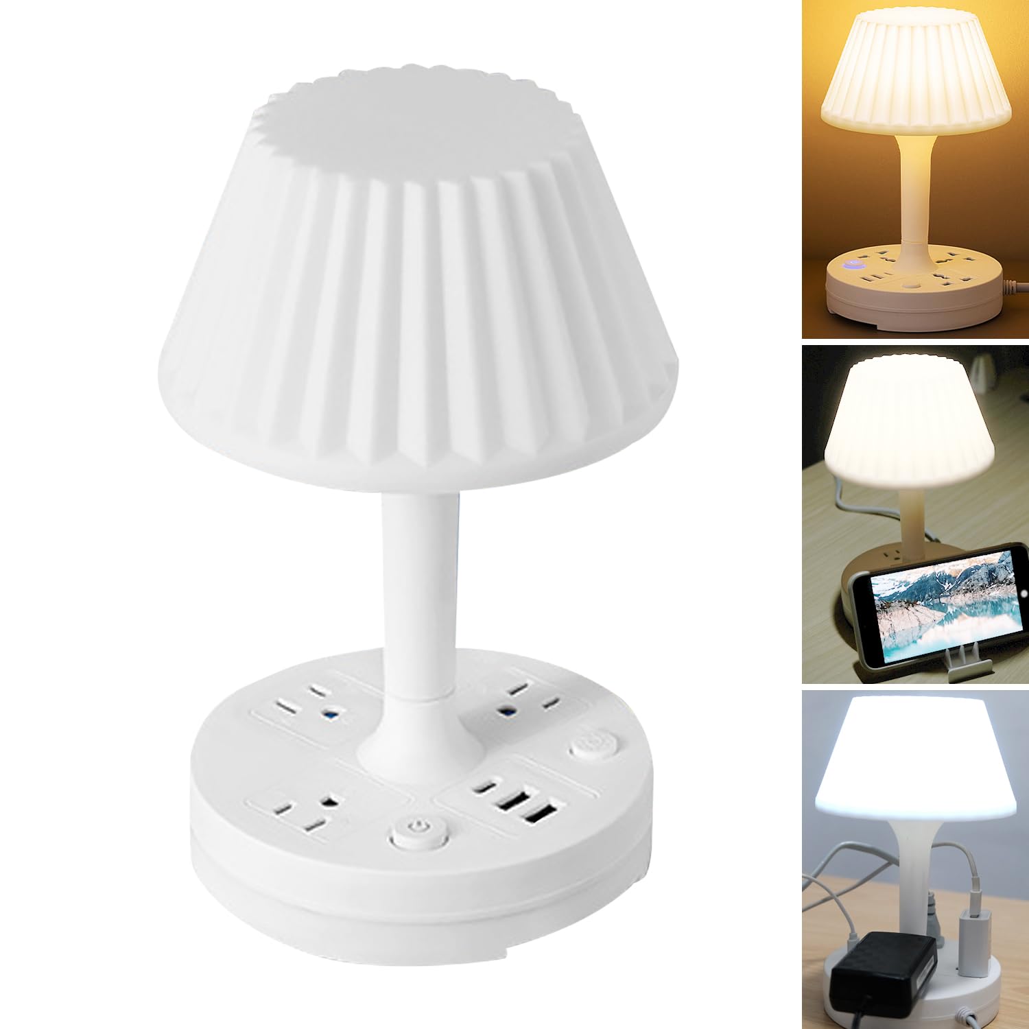Exqseramc Socket Table Lamp Power Strip， Ac Outlets+Usb Charging Ports, Multiple Function Dimmable Small Reading Desk Lamp, Eye Care Led Nightstand Light For Home Office (Socket Table Lamp - White)