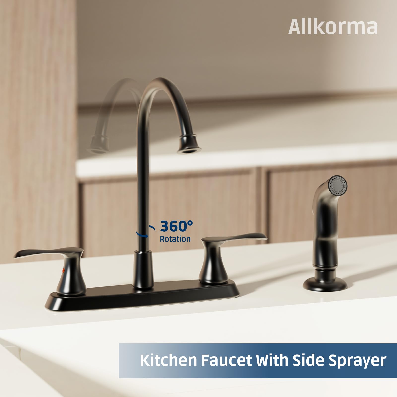 Allkorma Kitchen Faucet With Side Sprayer, 2 Handles High Arc Kitchen Faucet With Pull Out Sprayer, 4 Holes 8 Inch Centerset Kitchen Sink Faucet, Stainless Steel, Matte Black