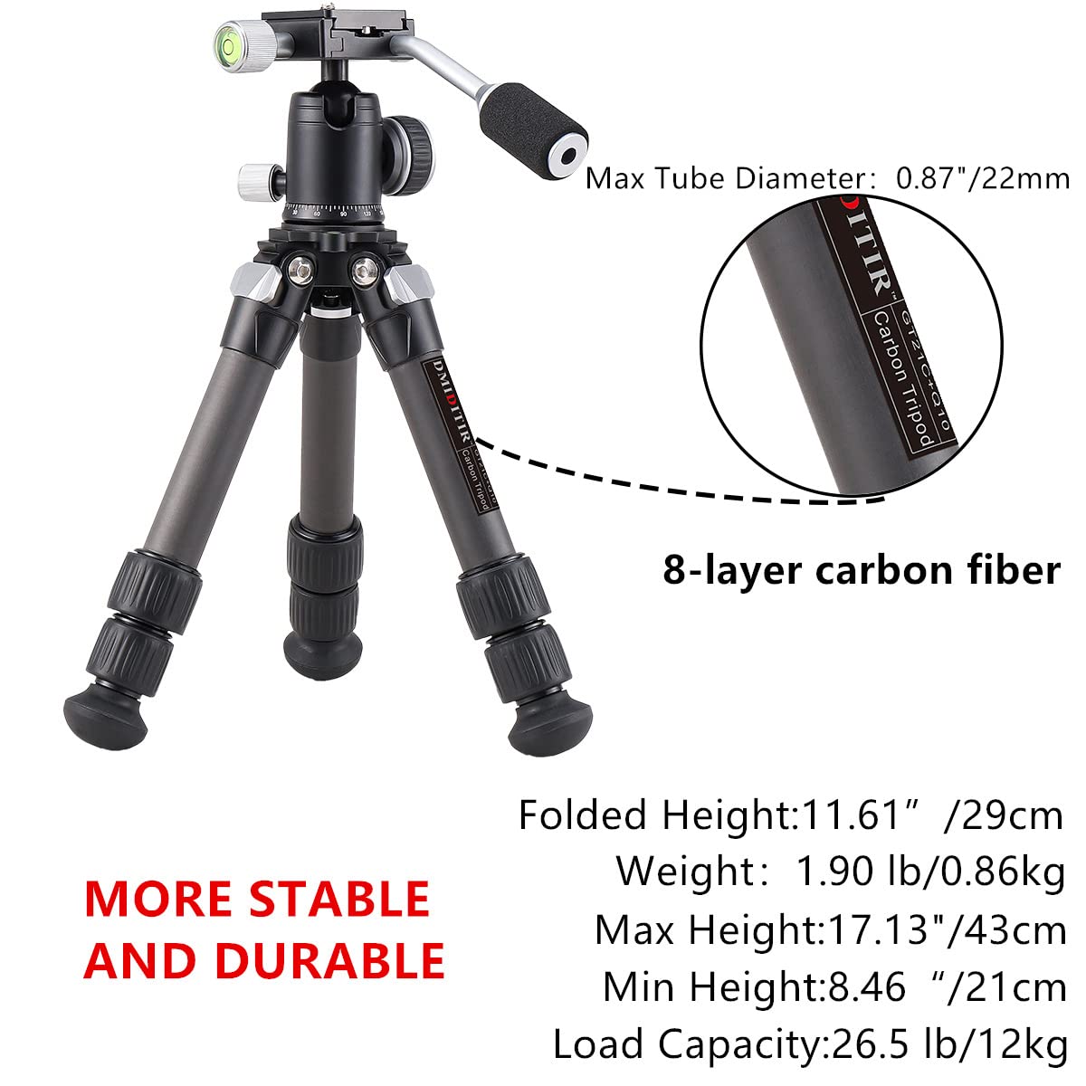 Dmiditir Carbon Fiber Tripod Tabletop Camera Tripod Metal Mini Tripod With 360 Degree Metal Ball Head With Handle For Camera And Phone,Compatible With Canon,Nikon,Sony Cameras.