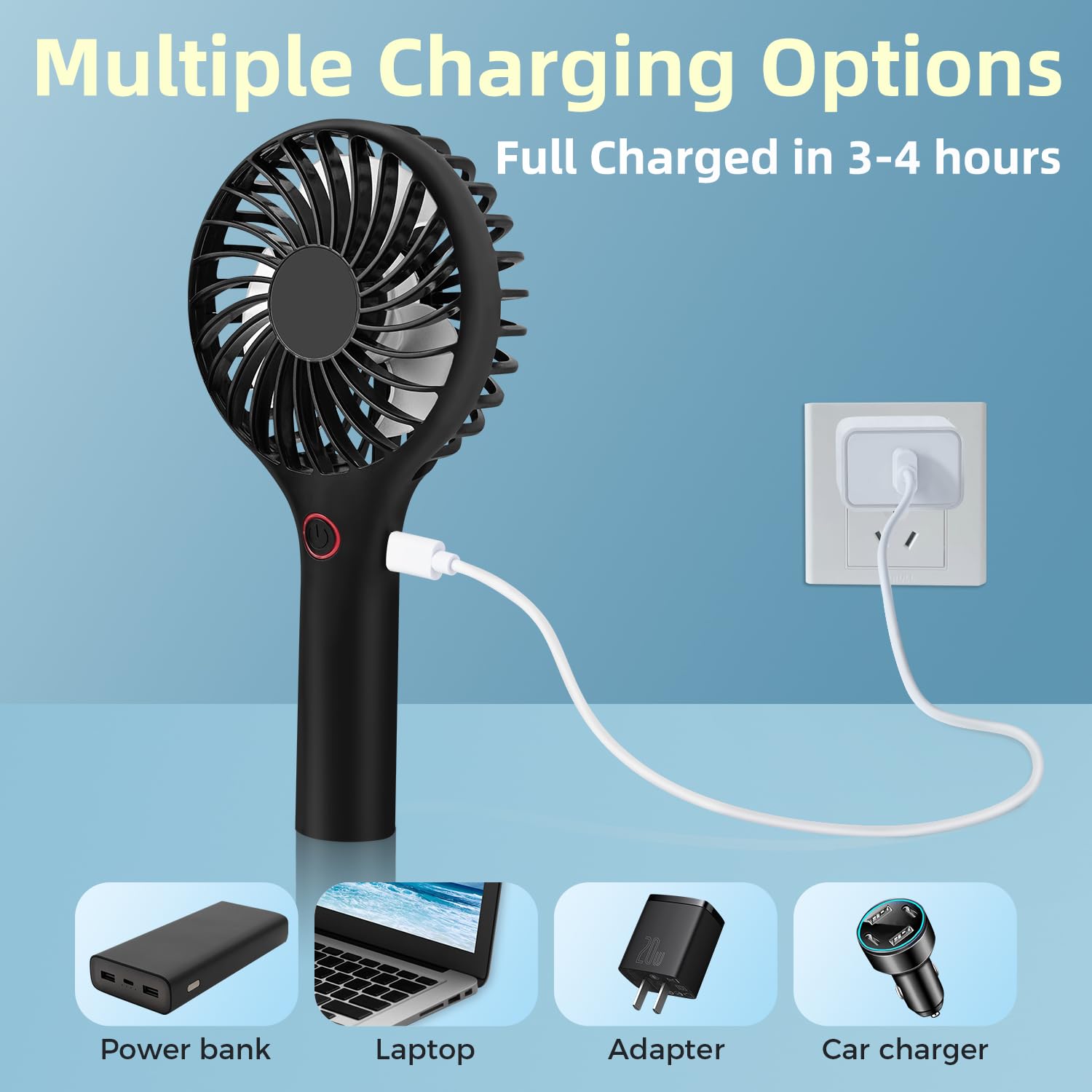 Ambandier 3-speed mini handheld fan, rechargeable with a large battery for powerful wind and extended use