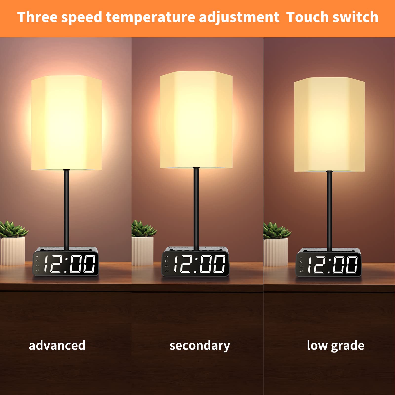 Sussex Table Lamp With Alarm Clock, Charging Station, Usb C & A, Ac Outlet Ports, Speakers, Radio - Power Outlet With Touch Control 3-Way Dimmable Nightstand Lamp For Kids Study Room, Bedroom