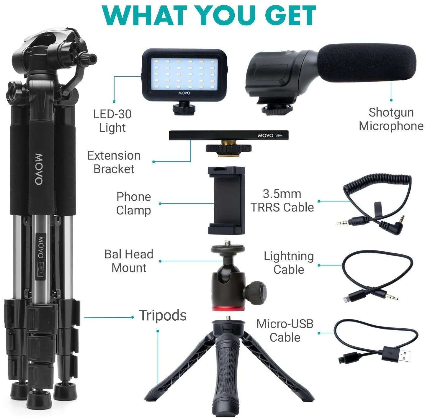 Movo Ivlogger Iphone/Android Compatible Vlogging Kit With Fullsize Tripod - Phone Video Kit Accessories: Tripods, Phone Mount, Led Light And Cellphone Shot Microphone For Phone Video Vlog Recording