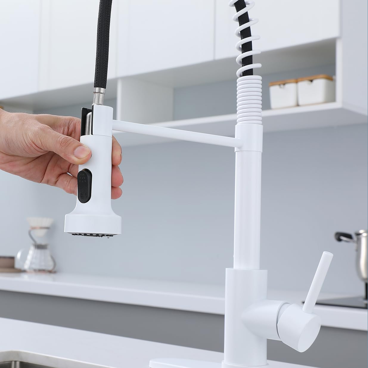 Gulica White Kitchen Faucet, Commerical Kitchen Faucet With Pull Out Sprayer And Deck Plate, Pre-Rinse, 360 Swivel High Arc Spring