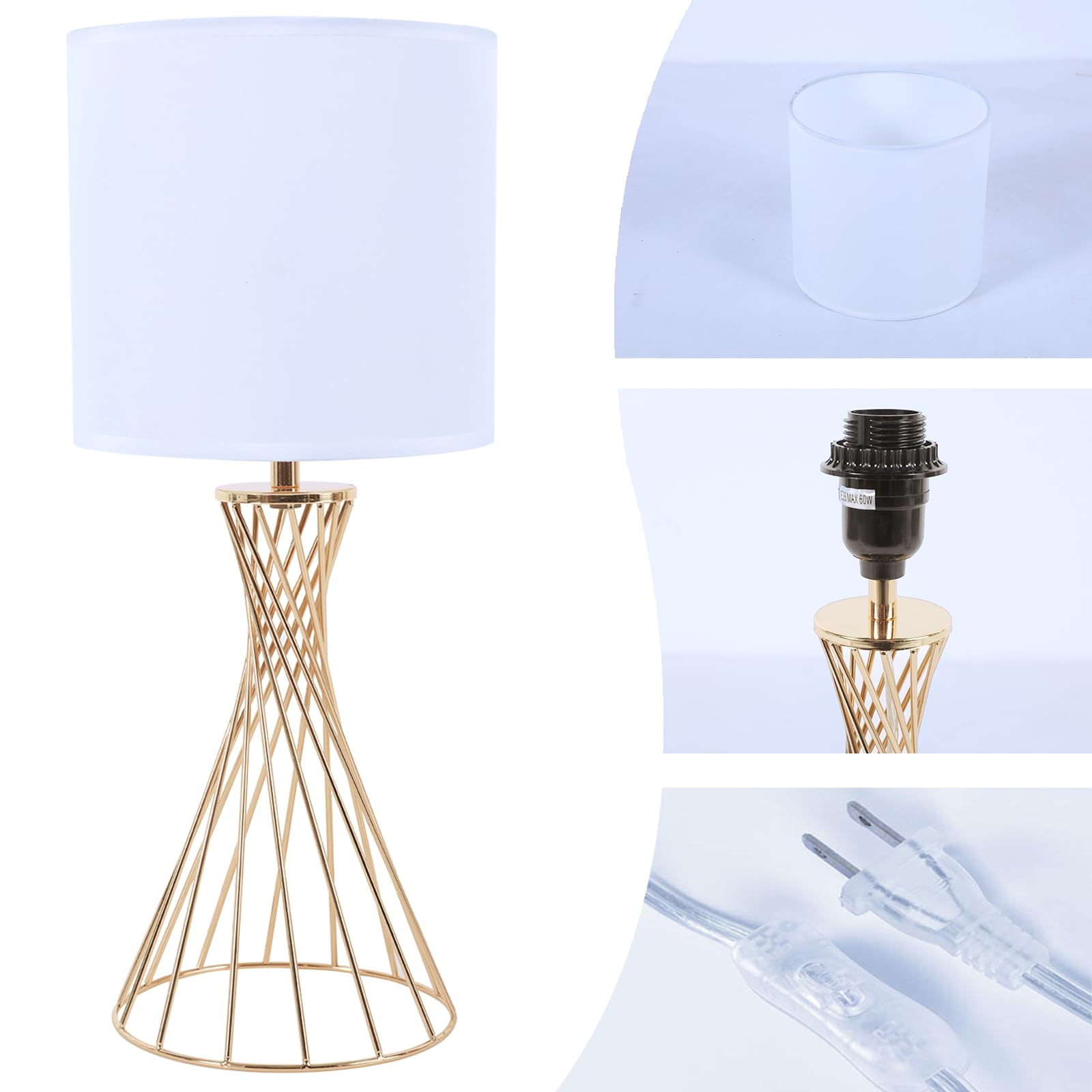 Popity Home Gold Table Lamp, Nightstand Lamp, Small Cute Desk Lamp, Modern Bedside Lamp With White Fabric Shade, Metal Geometric Hollow Out Base Lamps For Living Room Bedrooms Kids Room