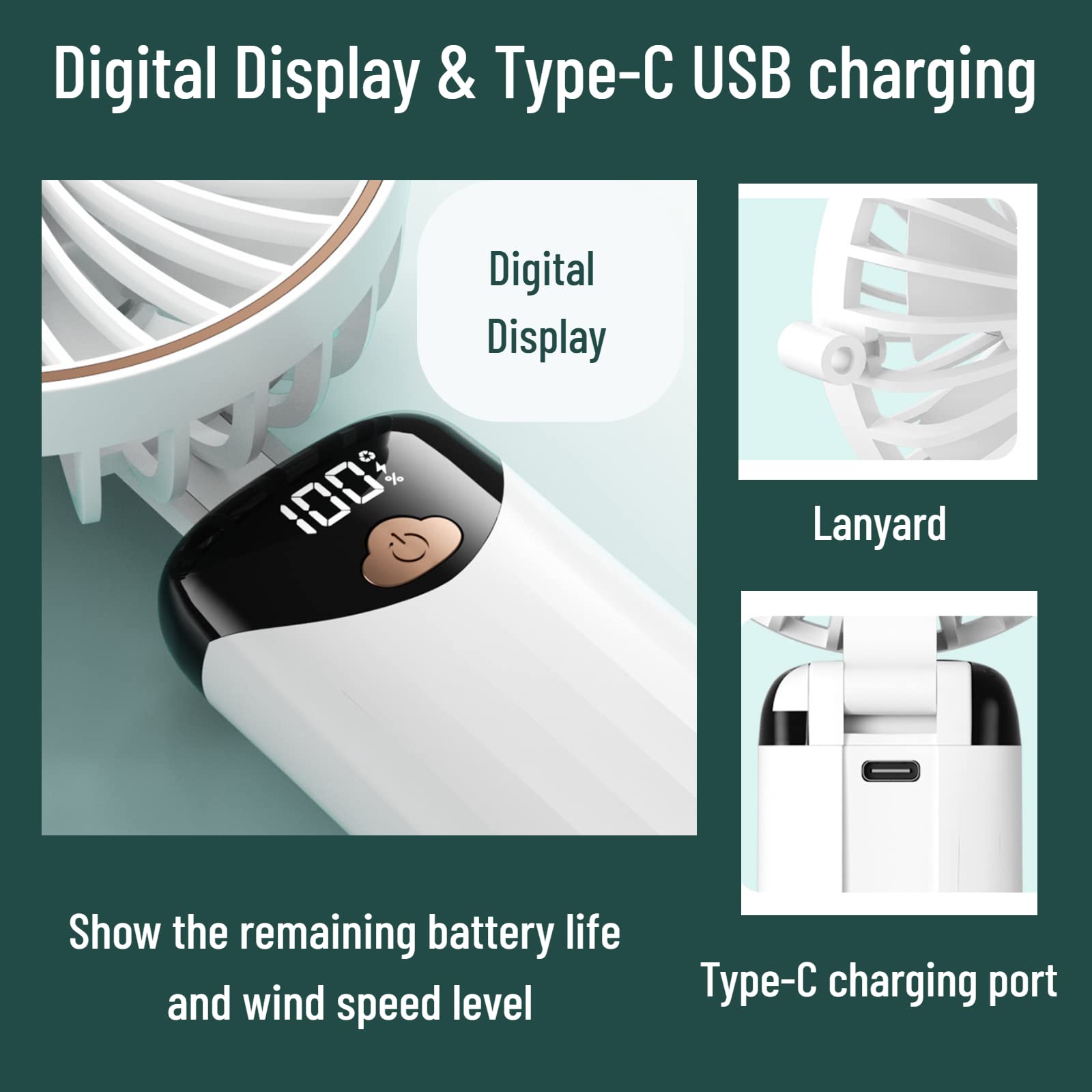 Handheld Fan Portable Multifunction Personal Fan Digital Display 5 Speed Foldable Desk Fan With Base