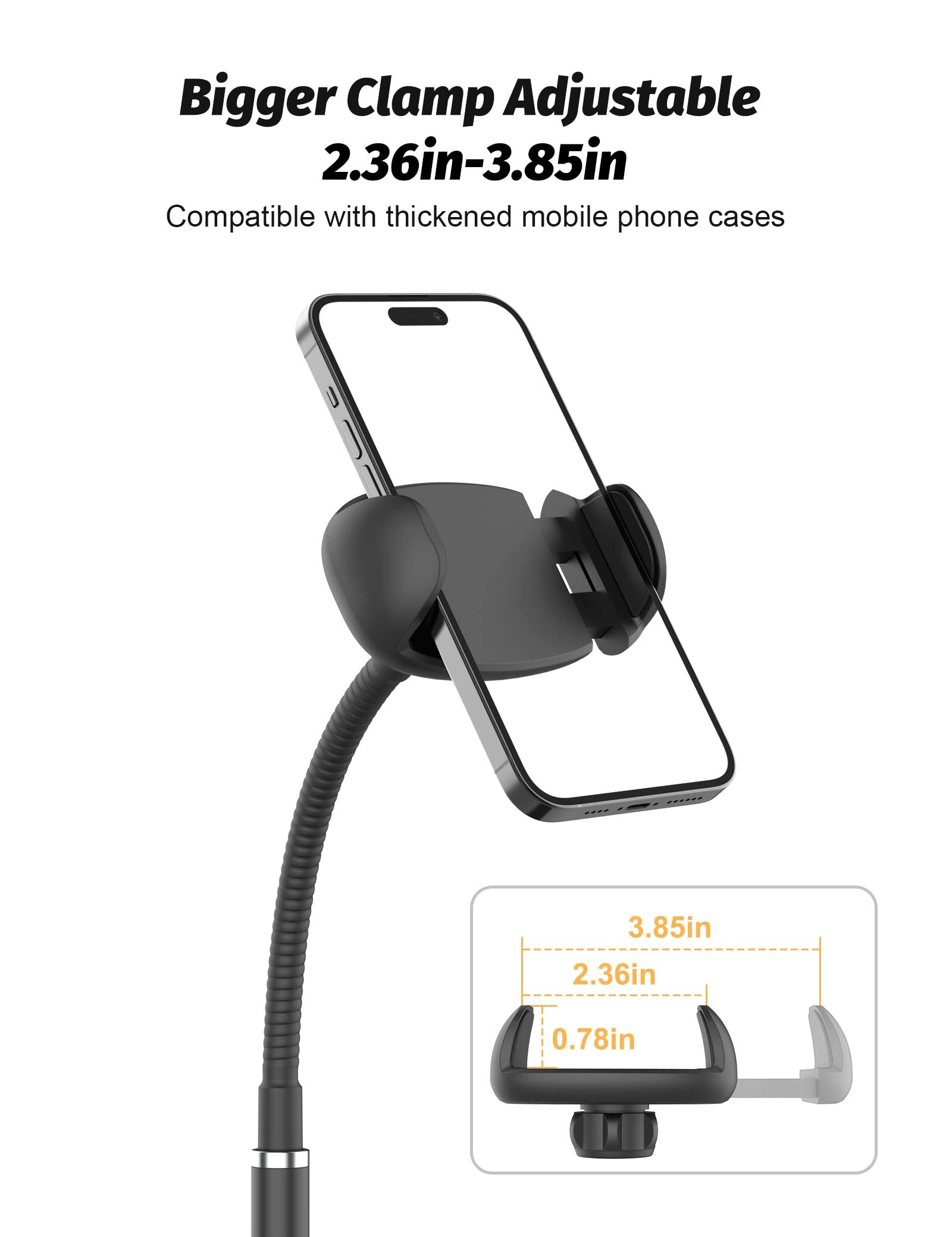 Klsniur Cell Phone Stand, Adjustable Height & Angle Gooseneck Stand For Desk Flexible Arm Universal Holder, Aluminum Alloy Desktop Recording Compatible With 3.5"-7" Device (Black)