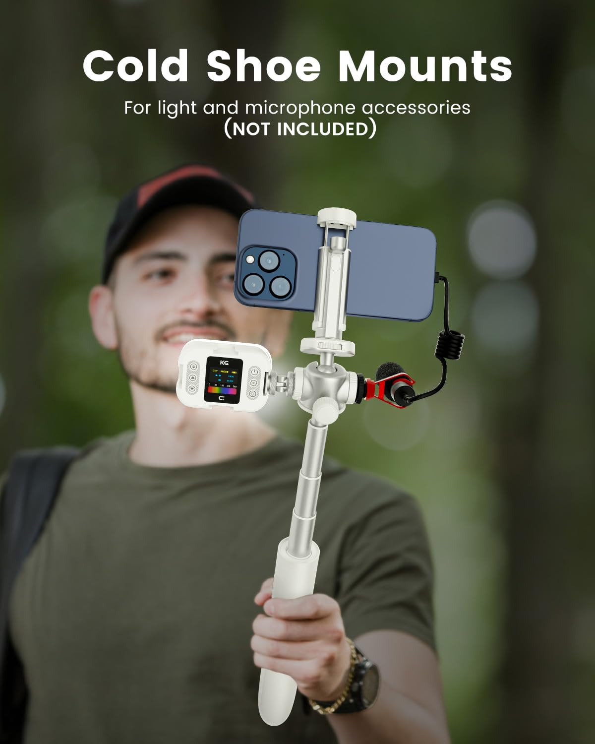 Kraftgeek Vlogging Tripod For Phone And Camera, 48" Phone Tripod Stand With 3 Cold Shoes For Lights And Microphones (Both Are Not Included), Selfie Stick With Remote For Video Recording, White
