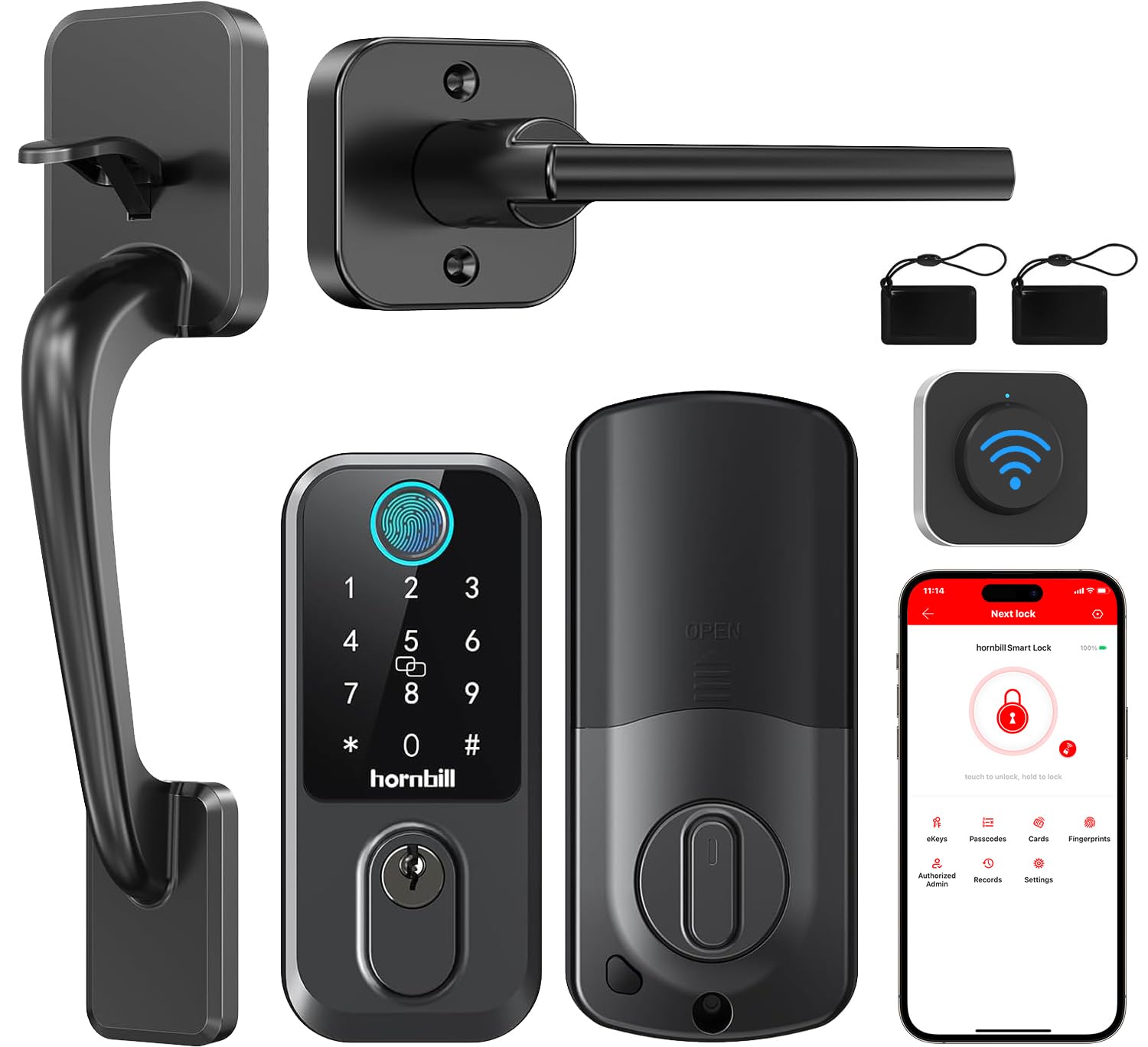 Hornbill Wifi Smart Deadbolt Lock: Front Door Lock Set Keyless Entry With Handle, Smart Locks For Front Door, Alexa Compatible, Fingerprint Keypad Deadbolt, Touchscreen,App Remote Control, Matte Black
