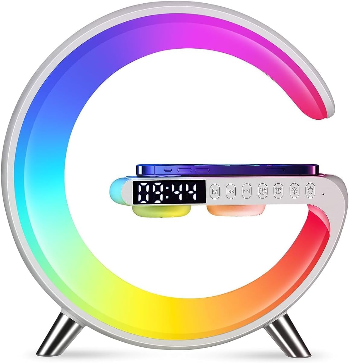 Blingbin Wireless Charger Atmosphere Lamp, Intelligent Led Table Lamp, Bluetooth Speaker, Dimmable Night Light Bedside Lamp Alarm Clock With Music Sync, App Control For Bedroom Home Decor (White)