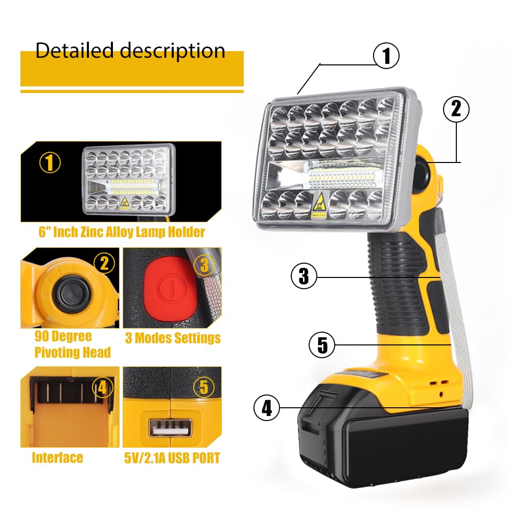 Hipoke 18W Light For Dewalt 20V Max Lithium-Ion Batteries, 2000Lm Flashlight Spotlight With Usb Port, Led Work Light 110 Degree Pivoting Head Zinc Alloy…