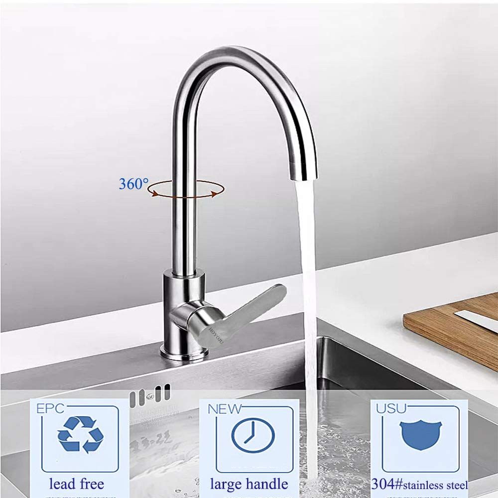 Hoyoju Kitchen Sink Faucet Mix - Single Handle Hot And Cold 304 Stainless Steel Kitchen & Bath Fixture - Brushed Nickel Finish