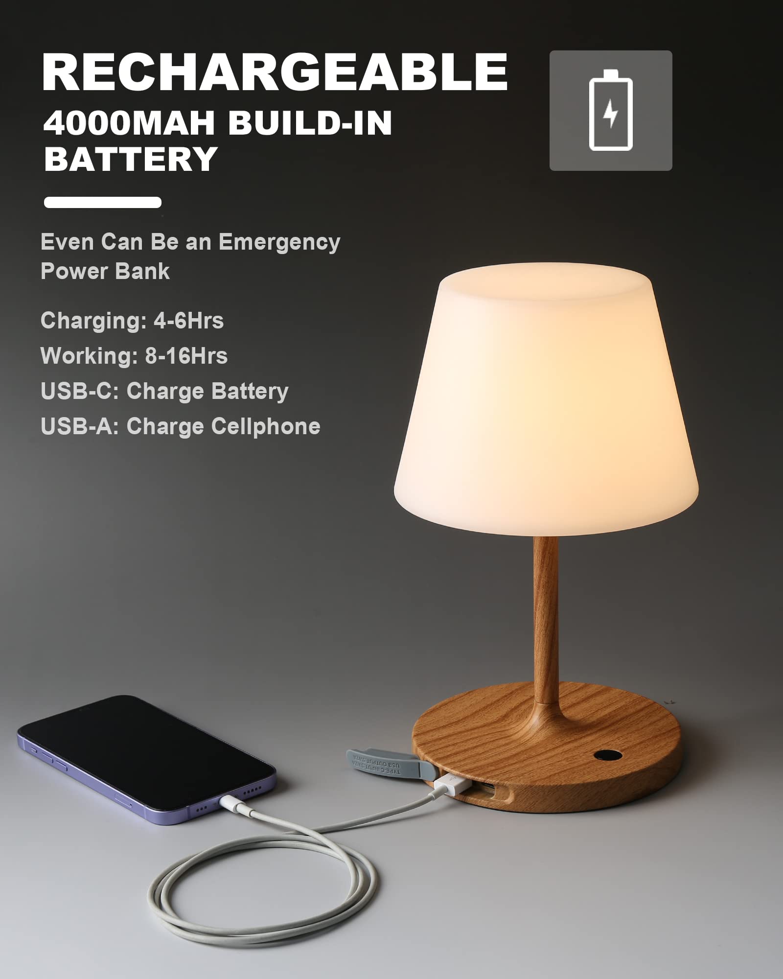 Weilailux Outdoor Battery Operated Table Lamp Waterproof, 4000Mah Cordless Rechargeable, Touch Dimmable Desk Lamp, Led Night Light For Patio Camping Restaurant Home, H9.6In, Wood Grain