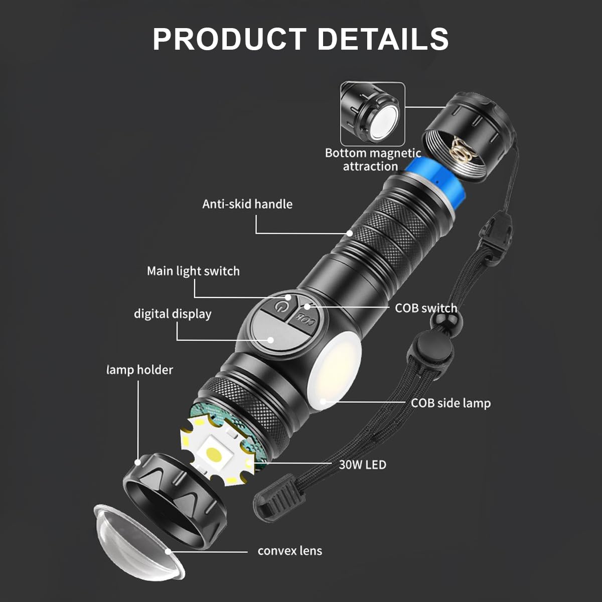 Gudoqi Flashlight Rechargeable With Led Power Display, Zoomable Flashlights High Lumens, 15-Hour Runtime, 9 Light Modes, Strong Side Light, Usb C Charging, Magnetic Base, For Hiking, Emergency
