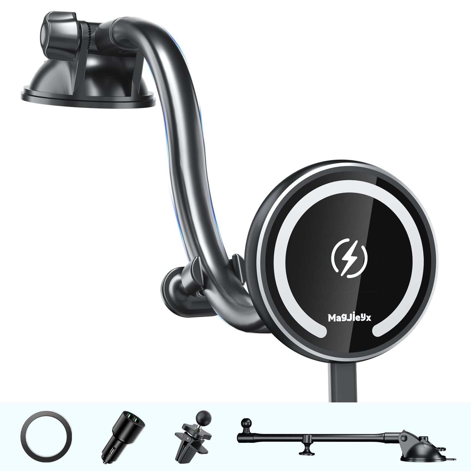 Magjieyx Fits Magsafe Car Mount Wireless Charger, Gooseneck Long Arm Suction Cup,Dashboard/Vent/Windshield For Iphone 16/15/14/13/12 Series/Magsafe Case/With Fast Charging[18W Qc 3.0Adapter]