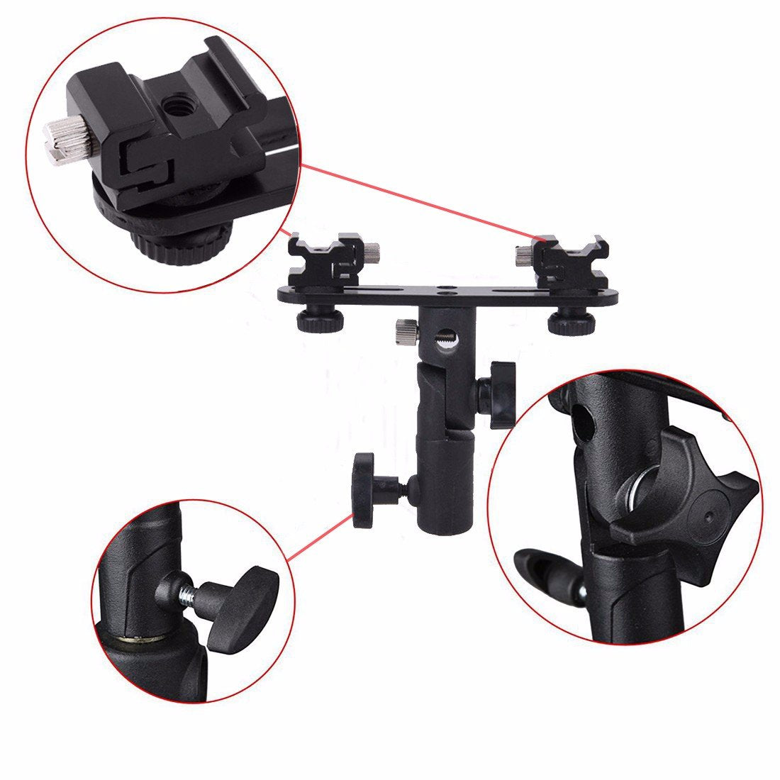 Exmax E2 Adjustable Double Flash Bracket Dual Hot Shoe Speedlight Stand Umbrella Holder Light Stand Bracket Mount 1/4" To 3/8'' For Studio Video Dslr Camera