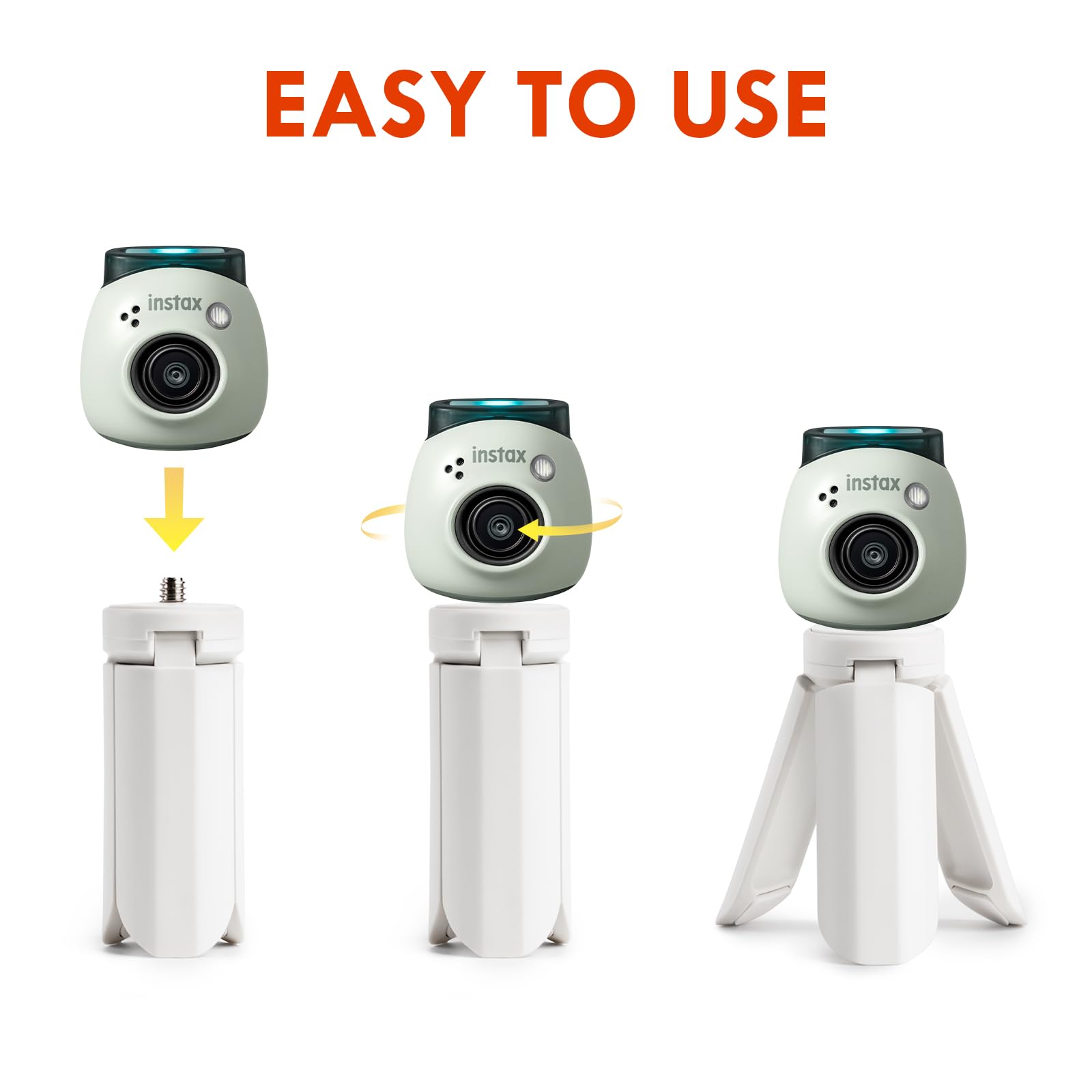 Rieibi Mini Tripod For Fuji Instax Pal/Instax Mini Evo/70/Lomo Instant Camera, White, Plastic, Slip Resistant, Pan-Tilt Head, 3X8.2Cm Folded, 3Cm Height & Width