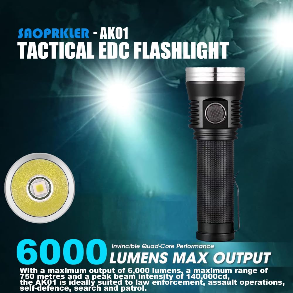 Saoprkler 6000 Lumen Tactical Flashlight Ak01 Rechargeable Edc Flashlight (820Yds/35Min Turbo) Ip68 Waterproof W/Strobe - Duty-Grade Law Enforcement & Survival Gear