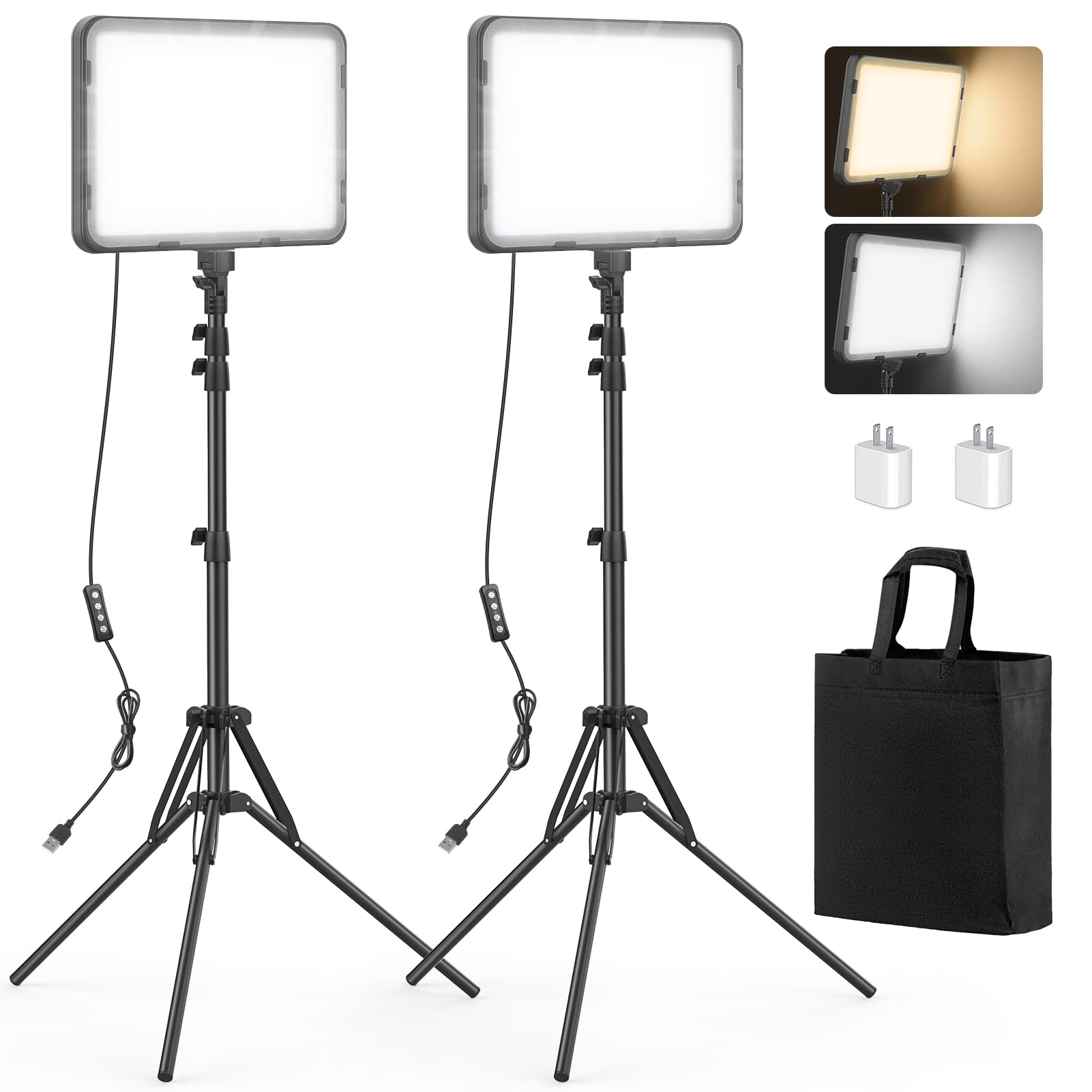 Kmasic 2 Pack Led Video Light With 63'' Tripod Stand, 2500-8500K Dimmable Photography Lighting Kit,15W Soft Studio Lighting For Video Recording/Filming/Game Streaming/Youtube/Podcast, Usb Charger