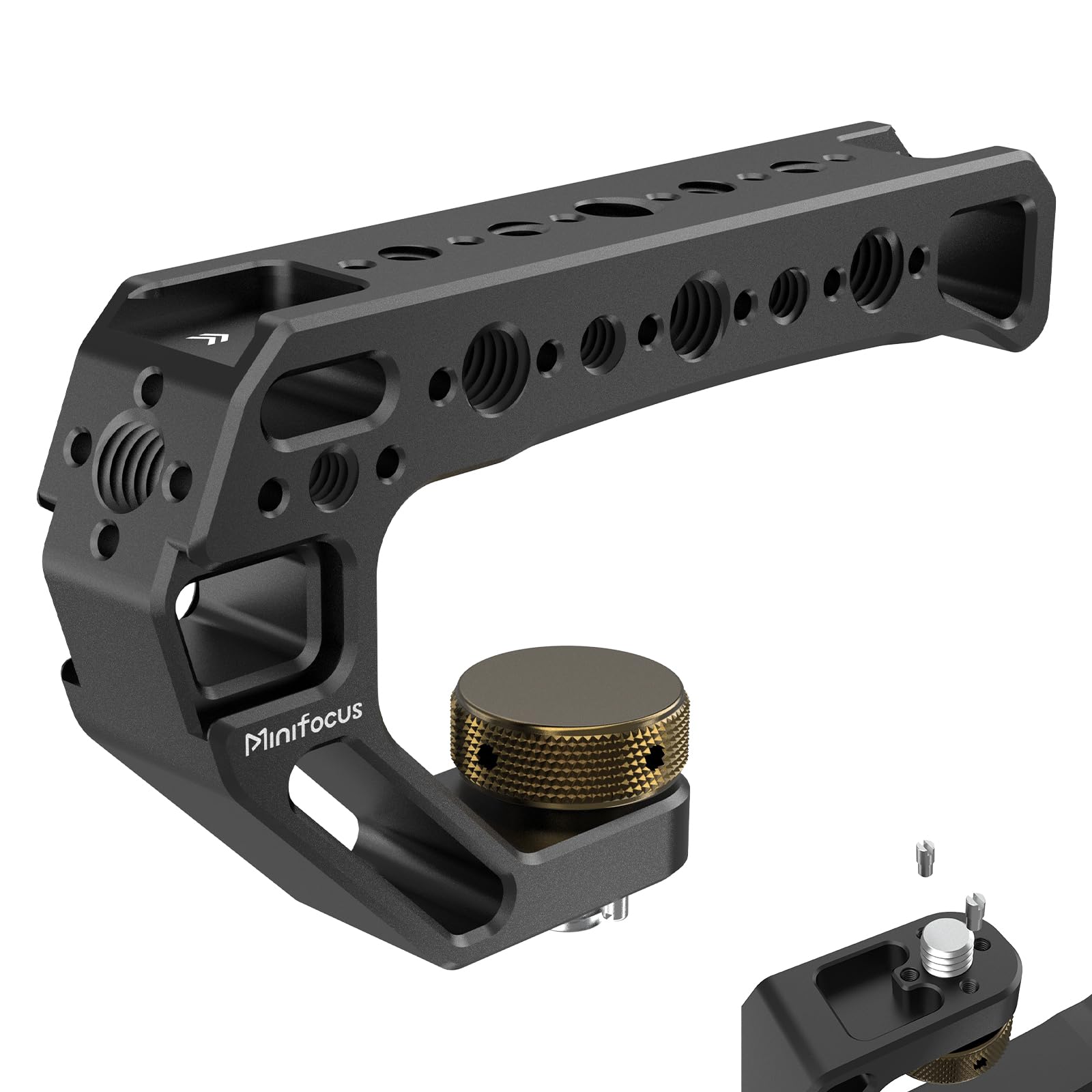 Minifocus Camera Top Handle With 3/8"-16 Locating Pins For Arri Grip For Camera Cage, Universal Top Handgrip With 5 Cold Shoe Adapters, Ergonomic Design, 1/4" And 3/8" Threads With Microphone/Led Light/Monitor