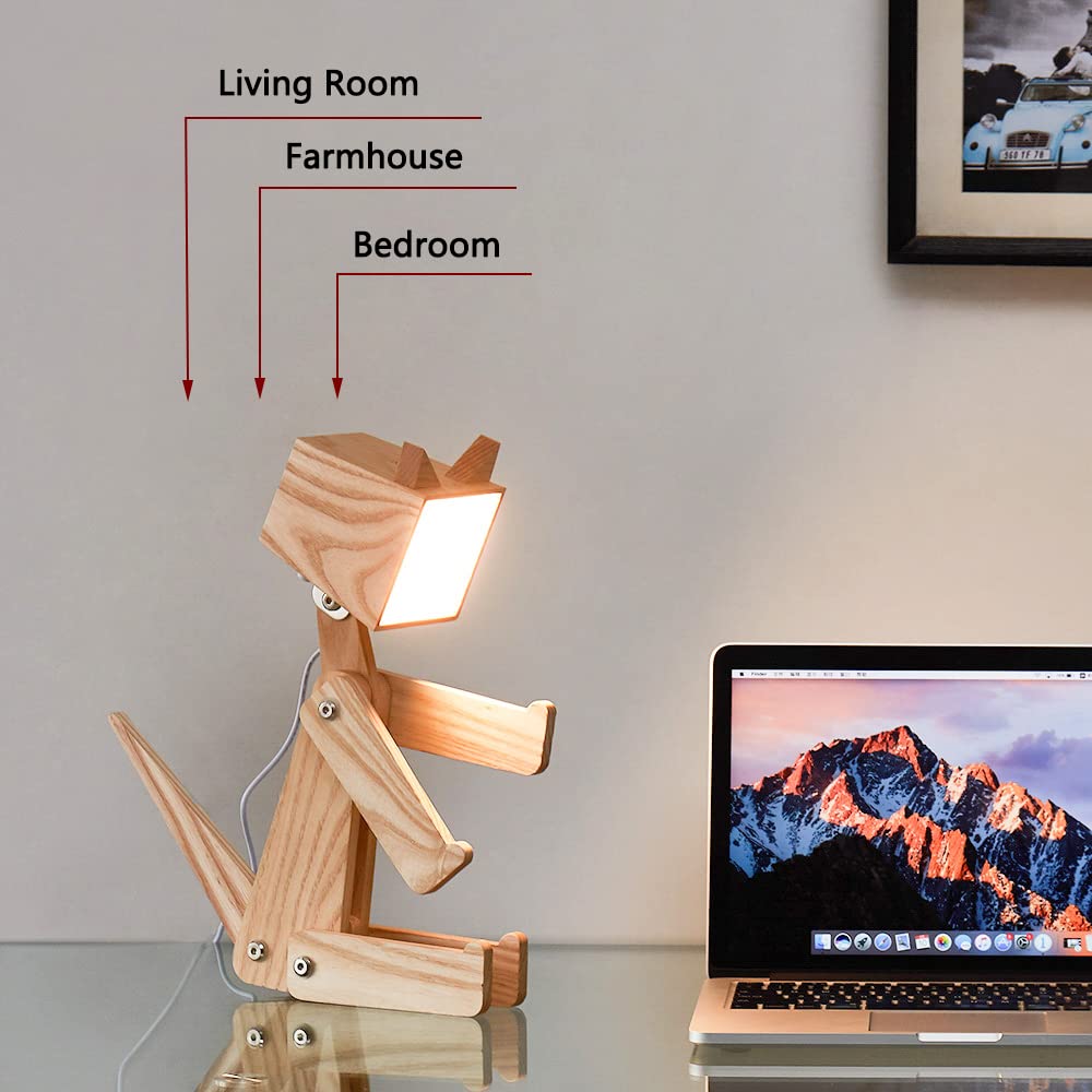 Hroome Unique Bedside Table Lamp Cat Adjustable Body Fun Wooden Desk Lamp With Dimmable Touch Switch Warm White Light For Kids Room, Living Room, Boy'S Girl'S Bedroom, College Dorm, Bookcase