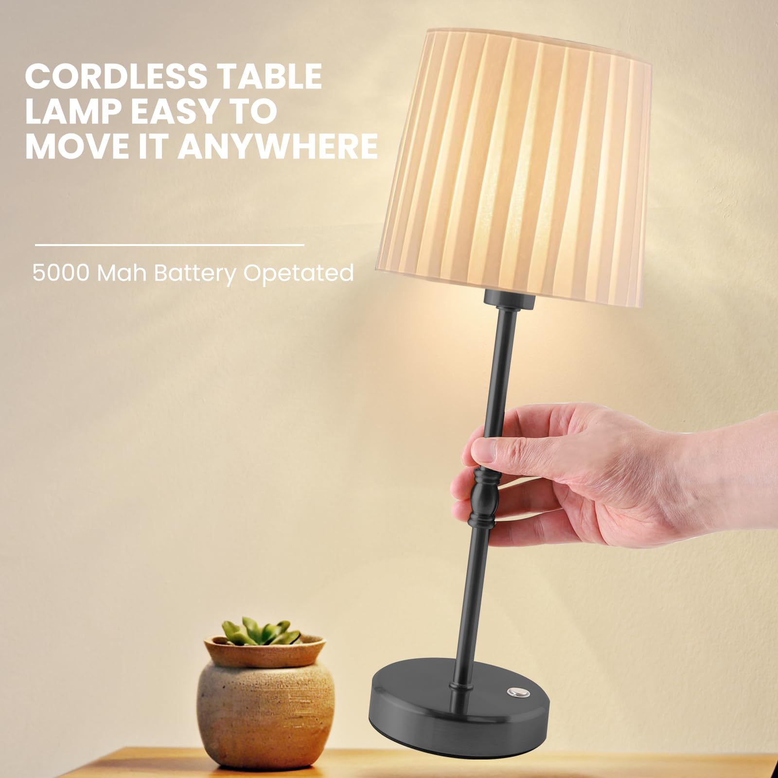Gernehop Cordless Led Table Lamp Set Of 2, Modern Portable Small Table Lamp With Touch Stepless Dimming,Built-In 5000Mah Rechargeable Battery Wireless Desk Lamps For Restaurant/Bedroom/Bars/Coffee Shop Black