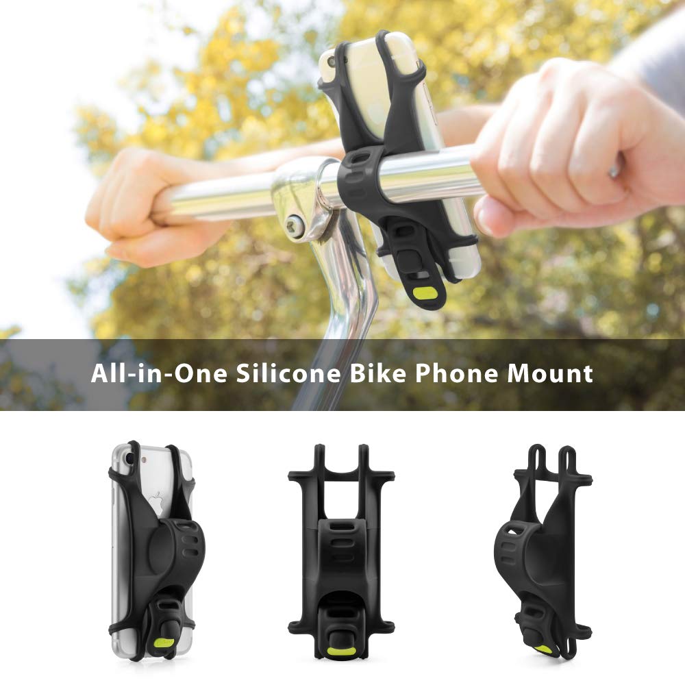 Bone Bike Tie 1, Bike Cell Phone Mount For Handlebar, Scratch- Silicone Holder & Quick Setup, Universal Cycling Phone Holder Compatible With Most Smartphones (Black - Handlebar)