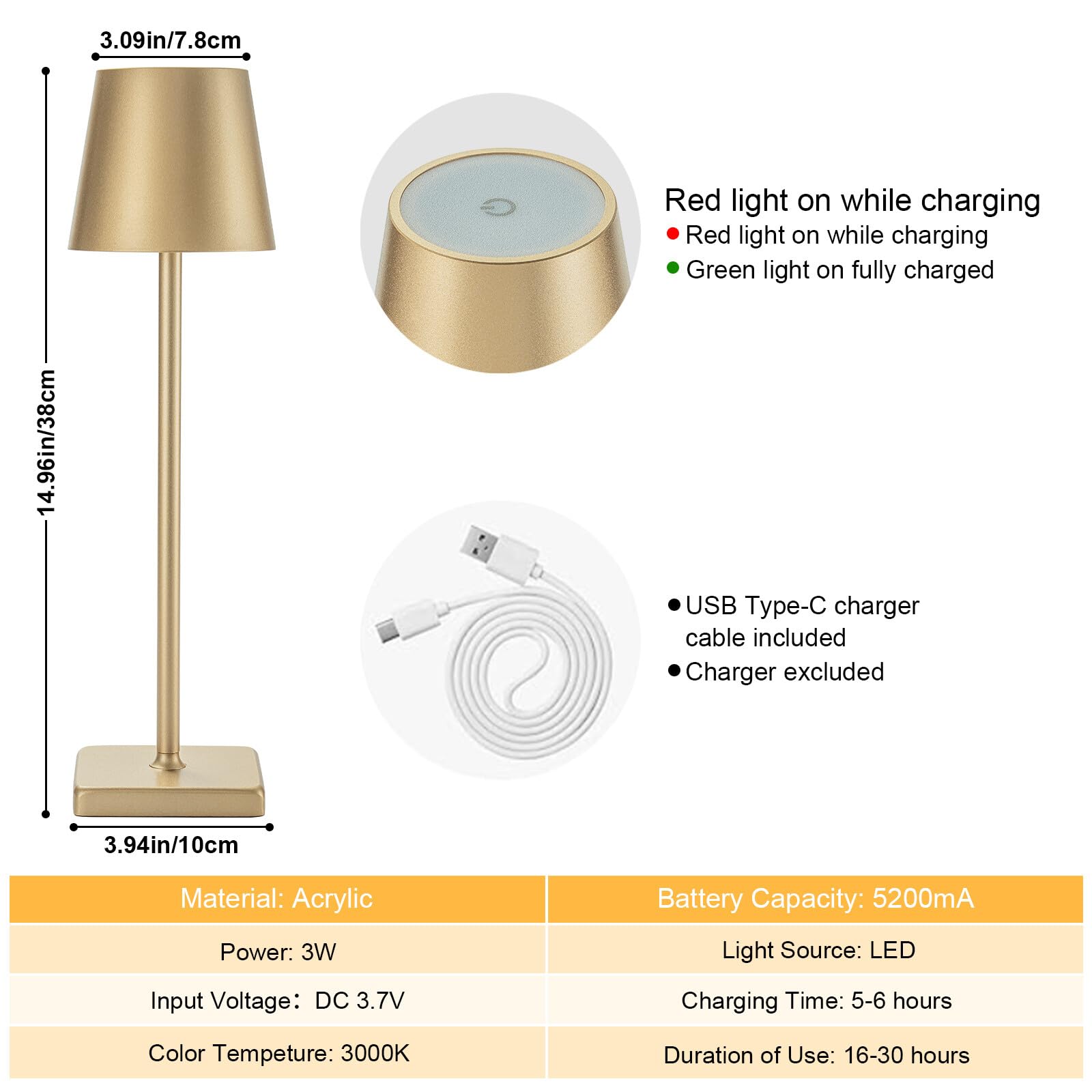 Kelary 2 Pack Rechargeable Cordless Table Lamps, 5200Mah Battery Touch Table Light, Aluminum Shell Stepless Dimmable Portable Led Desk Lamp For Dinner/Restaurant/Outdoor Gold