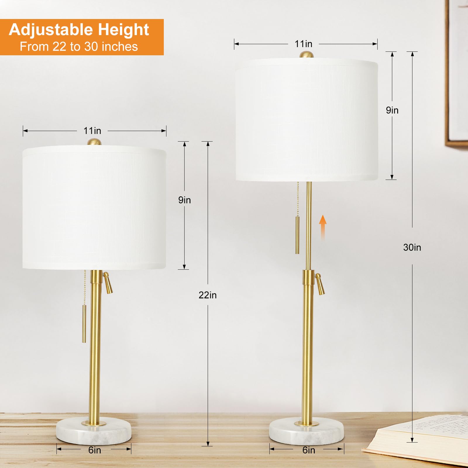 Qingmiao Lamp Modern Set Of 2: 22" To 30" Height Adjustable Pull Chain Switch For Living Room Bedroom End Table, Marble Base White Linen Shade Golden Pole Nightstand Lamp Brass For Office, Bedside Table