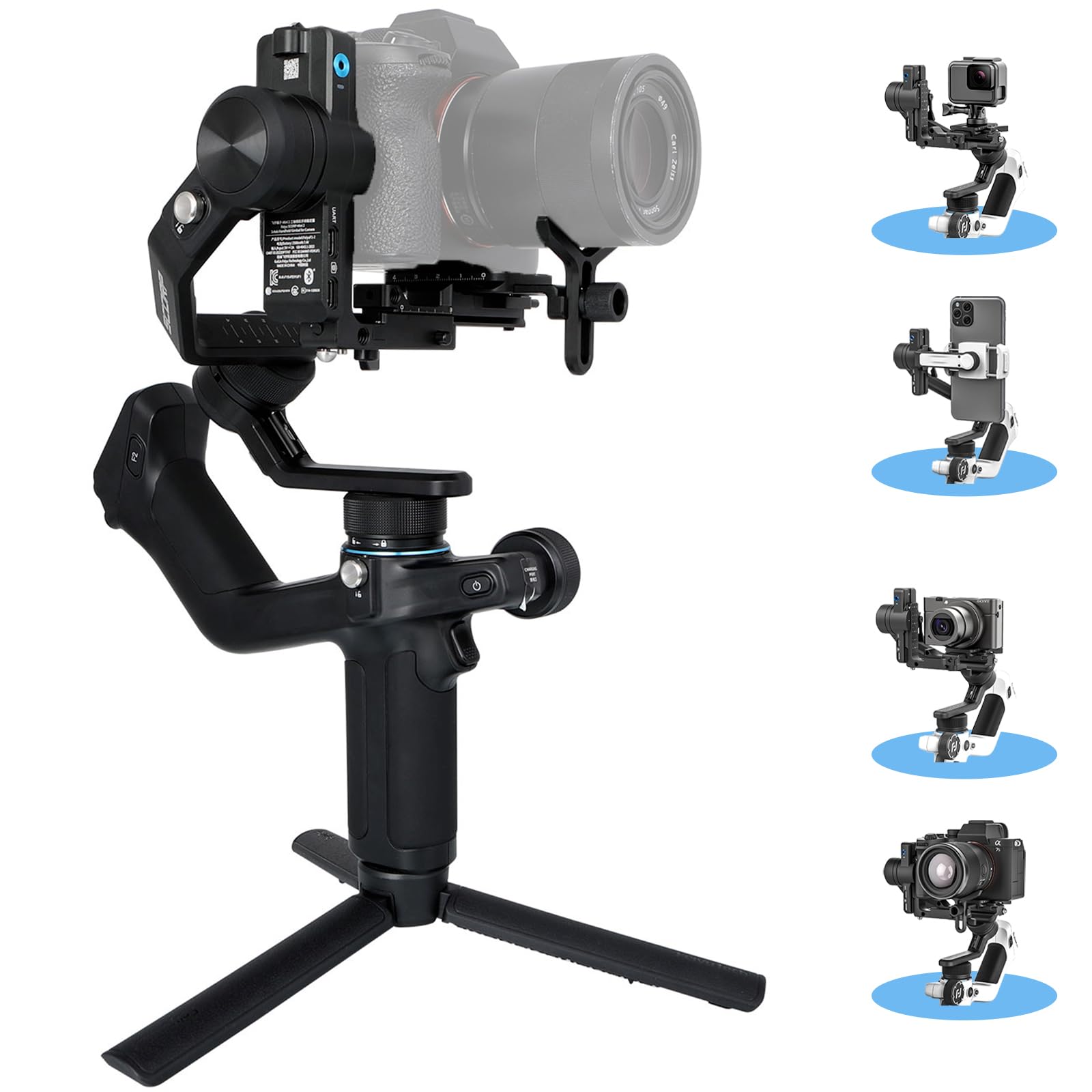 Feiyutech Feiyu Scorp Mini-2 All-In-1 Gimbal Stabilizer Mirrorless Cameras, Action Camera And Smartphones. Built In Ai Facial Tracking Sensor  Gesture Control  Dual-Handle Grip  Payload 2.65 Lbs - Black