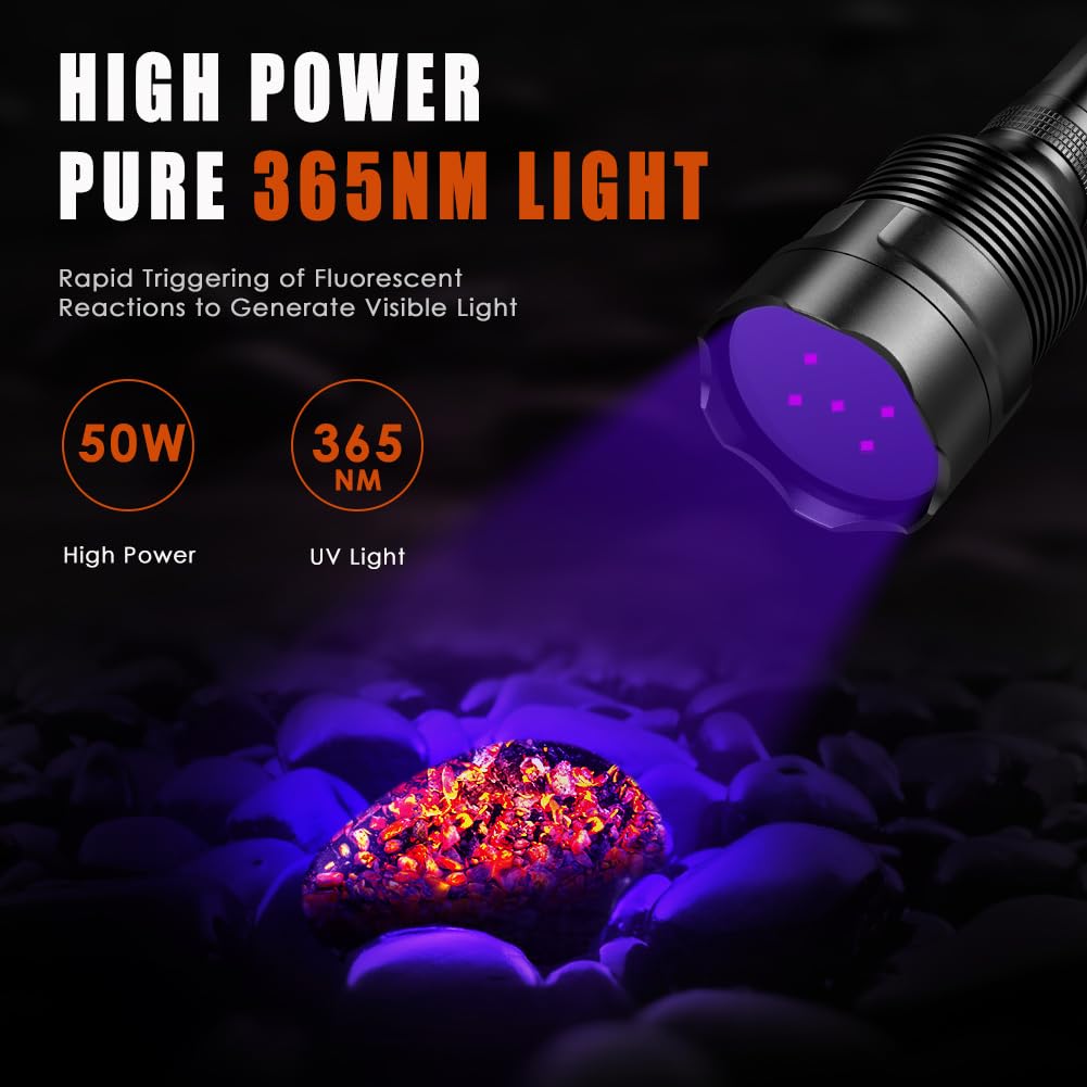 Home Safety Black Light Uv Flashlight, 5Leds Uv Light 50W Powerful Blacklight Torch Professional Grade Beam For Pet Urine Finding & Mineral, Antique Detection, Scorpion Search,Commercial Use (Uv500_365Nm)