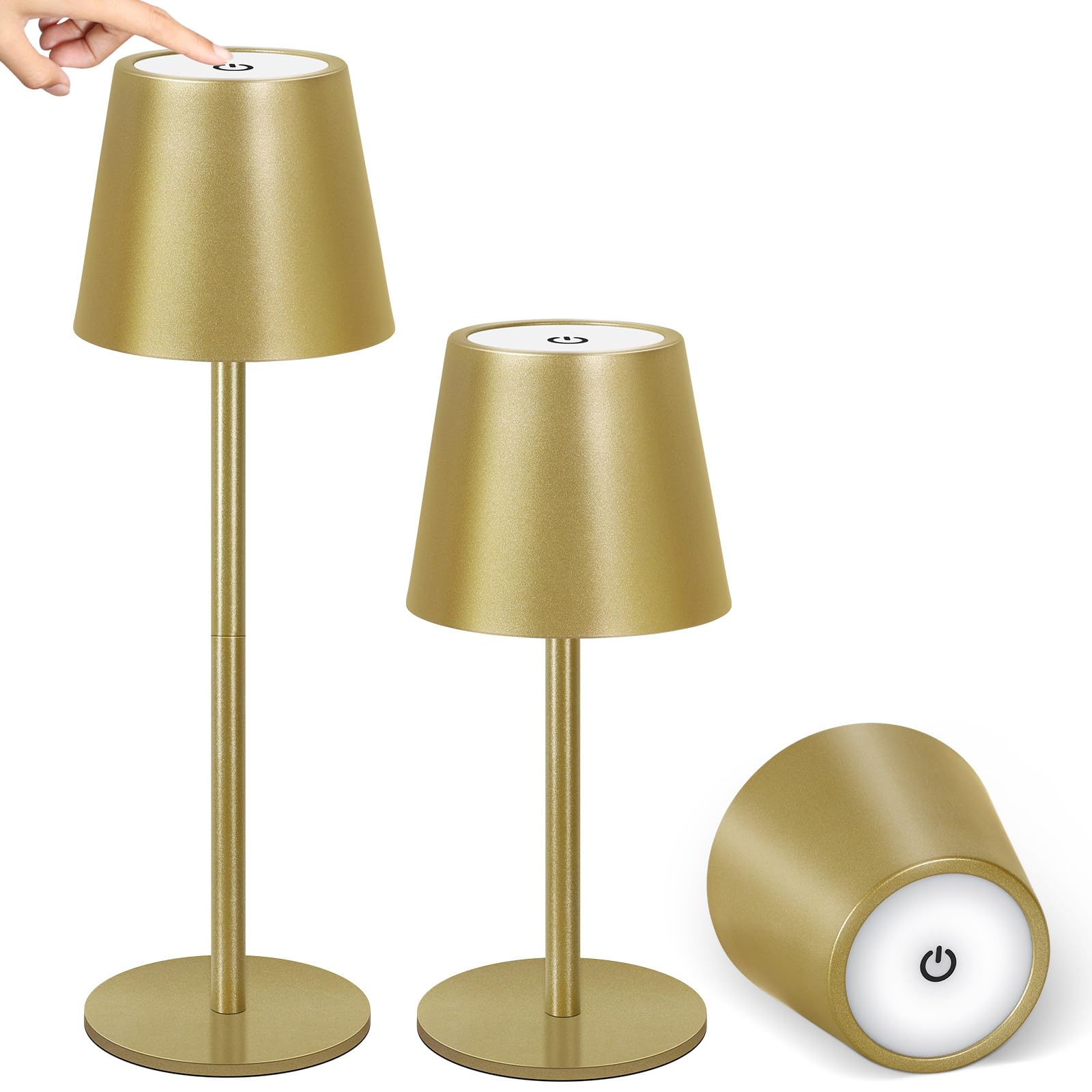 Outon 2 Pack Cordless Rechargeable Table Lamps, 5200Mah Battery, 3-Color Stepless Dimming, Adjustable Height, Waterproof Portable Led Lights For Bedroom, Dining, Outdoor, Camping, Party (Gold)