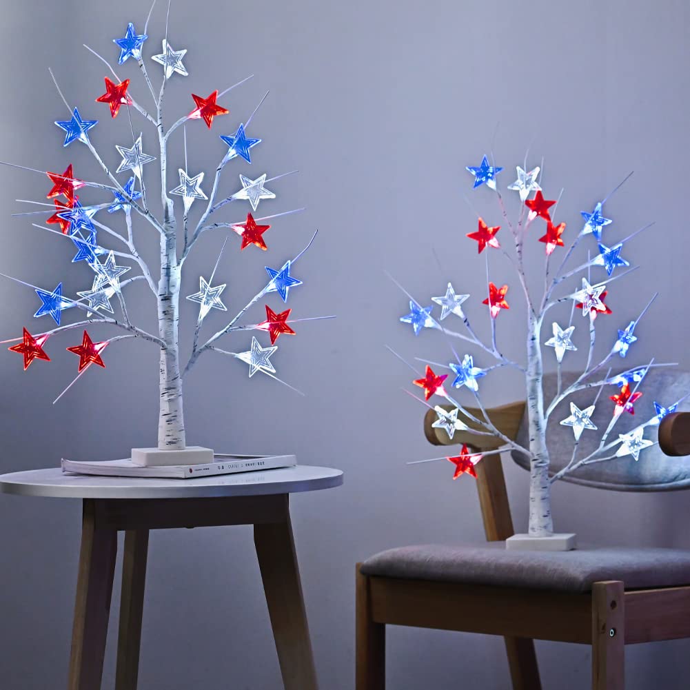 Snokip 4Th Of July Decorations, Birch Table Lamp Flag Star Tree Lights, 24”Independence Day Table Lamp For Home, Bedroom Room Office Decoration, 2 Pack, 24 Inch