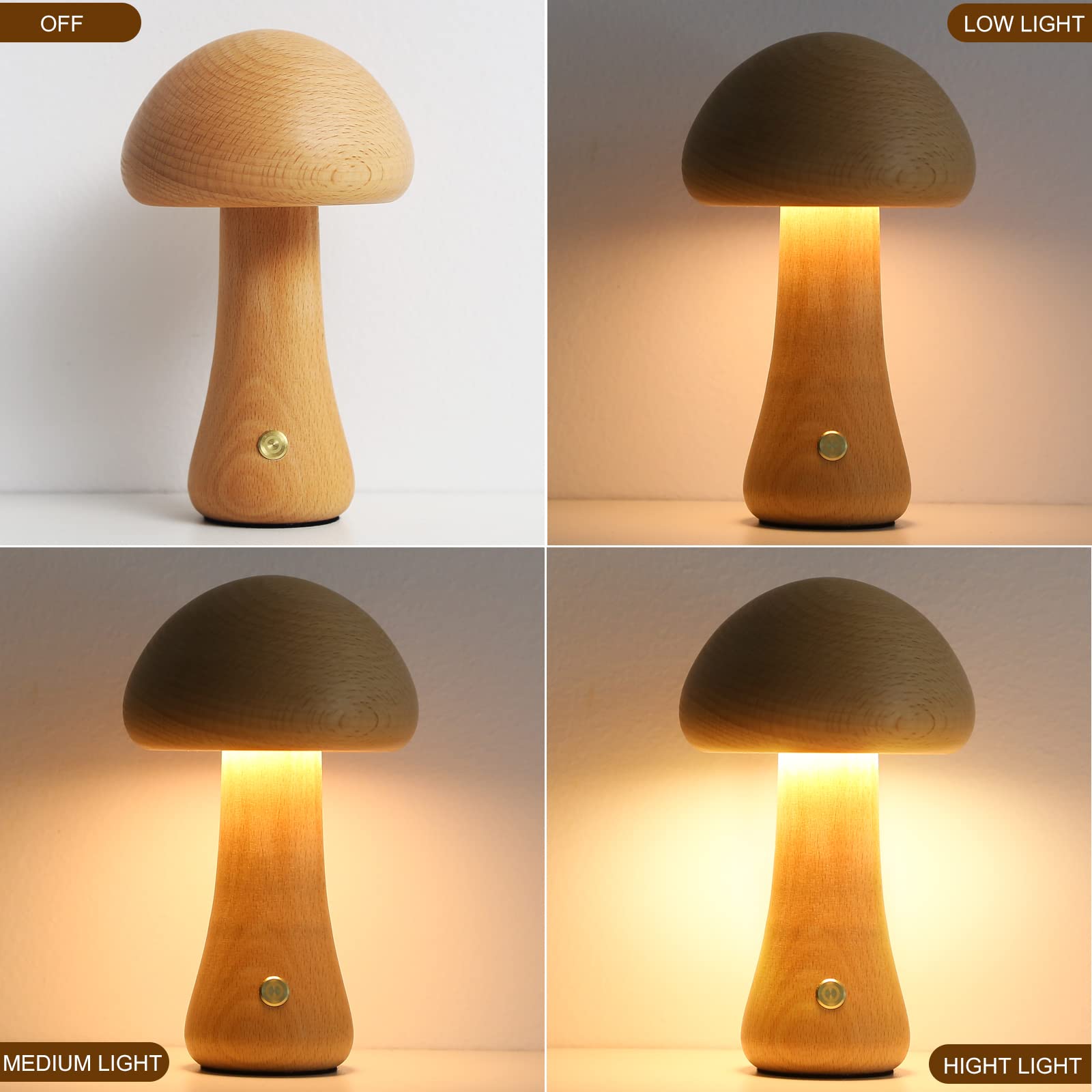 Mihoho Mushroom Lamp For Bedroom, Portable Dimmable Bedside Lamp With Usb Charging, Cordless Wooden Nightlight, Mushroom Table Lamp For Home Decor (Large, Beech A+)