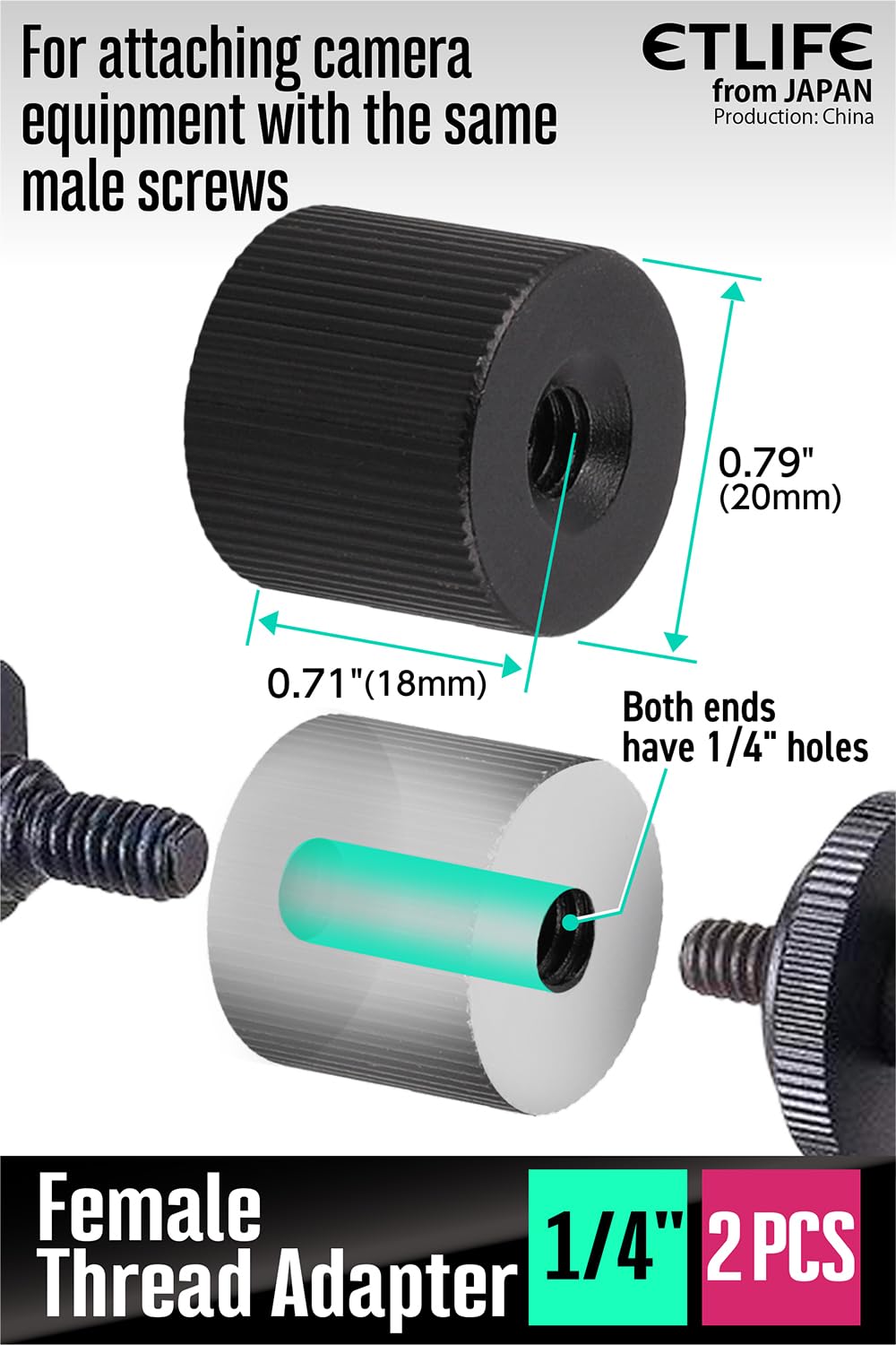 Etlife Tripod Screw Socket Adapter 1/4 Female To 1/4 Female, Thread Adapter 1/4"-20 Conversion Mount Nut For Camera Stands Magic Arms Gopro (2Pcs)