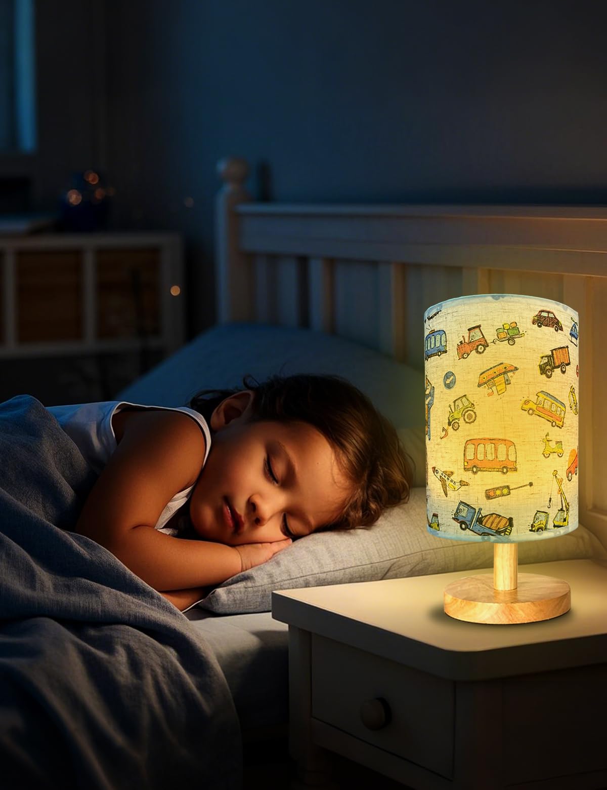 Gftdns Kids Lamps For Bedrooms Boys,Car Lamp,3 Level Dimmable Wood Nightstand Desk Base Flaxen Fabric Shade For Bedroom Living Room,Car For Boys