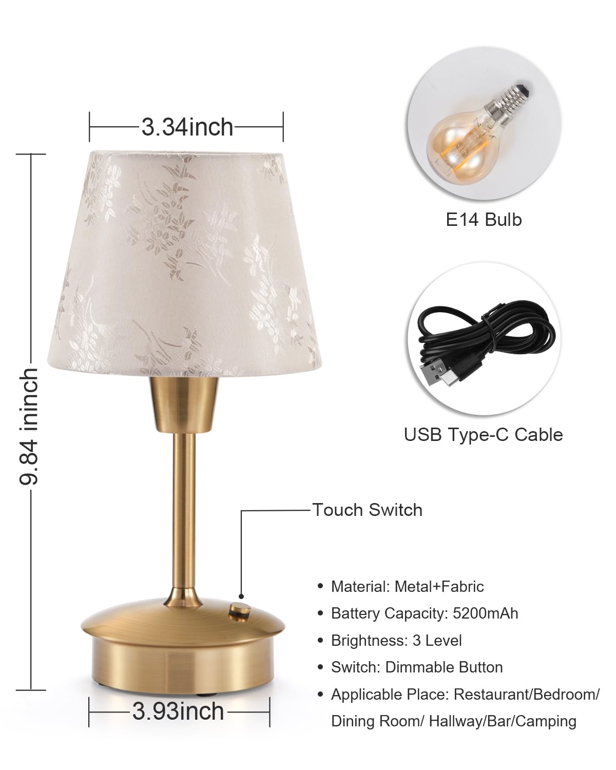 Umexus 2 Pack Small Cordless Table Lamp For Restaurant Dinner Table, 5200Mah Battery Operated Touch Lamps, Rechargeable Dimmable Portable Night Light For Bedside Dining Room Patio Kitchen Outdoor