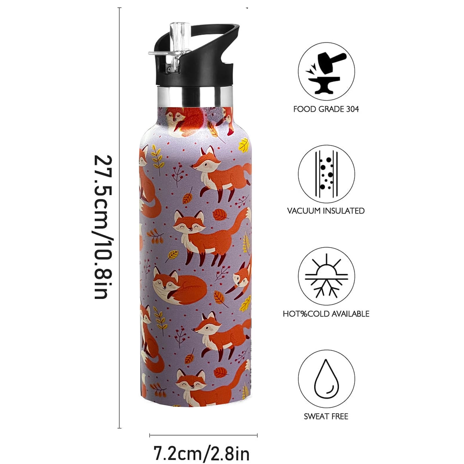 Kids Water Bottle With Straw,Fox Bottle Vacuum Insulated Stainless Steel Travel Mugs Tumbler