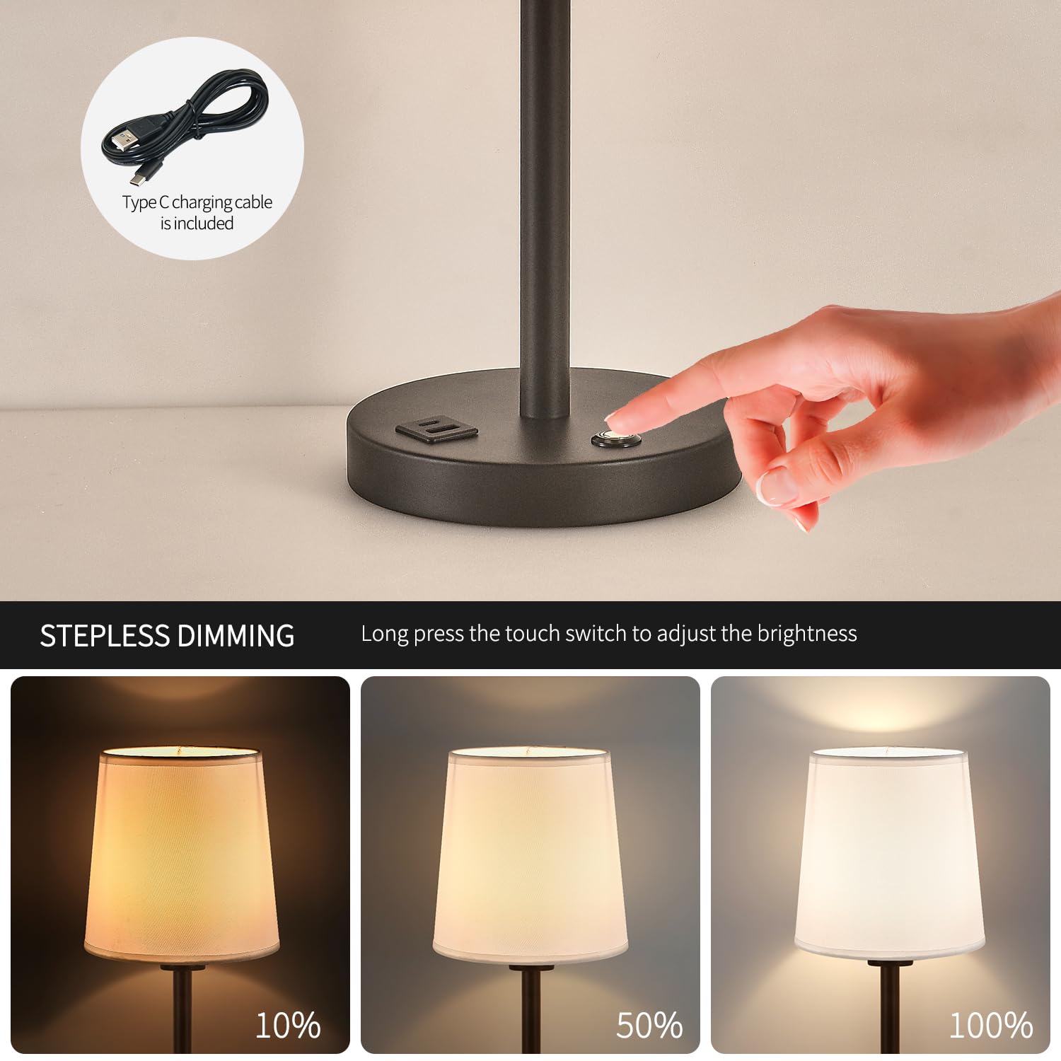 Cnmykyds Cordless Rechargeable Table Lamp, Wireless Table Lamp, 10000Mah Rechargeable Battery Powered Lighting, Stepless Dimmable Light For Dining Room,Bedroom,Bedside,Bar,Night Light,Camping(A:Black)