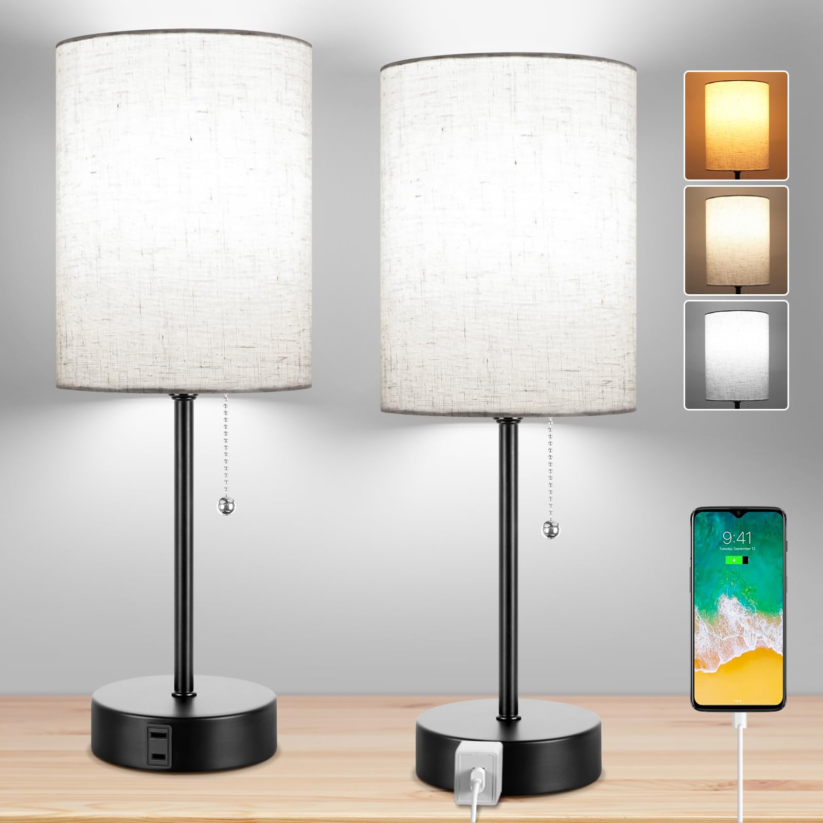 Dott Arts Bedside Lamps For Bedrooms Set Of 2, Table Lamps For Nightstand With 3 Color Modes 2700K-5000K, Ac Outlet, Nightstand Lamp Night Lamp For Living Room/Reading Room