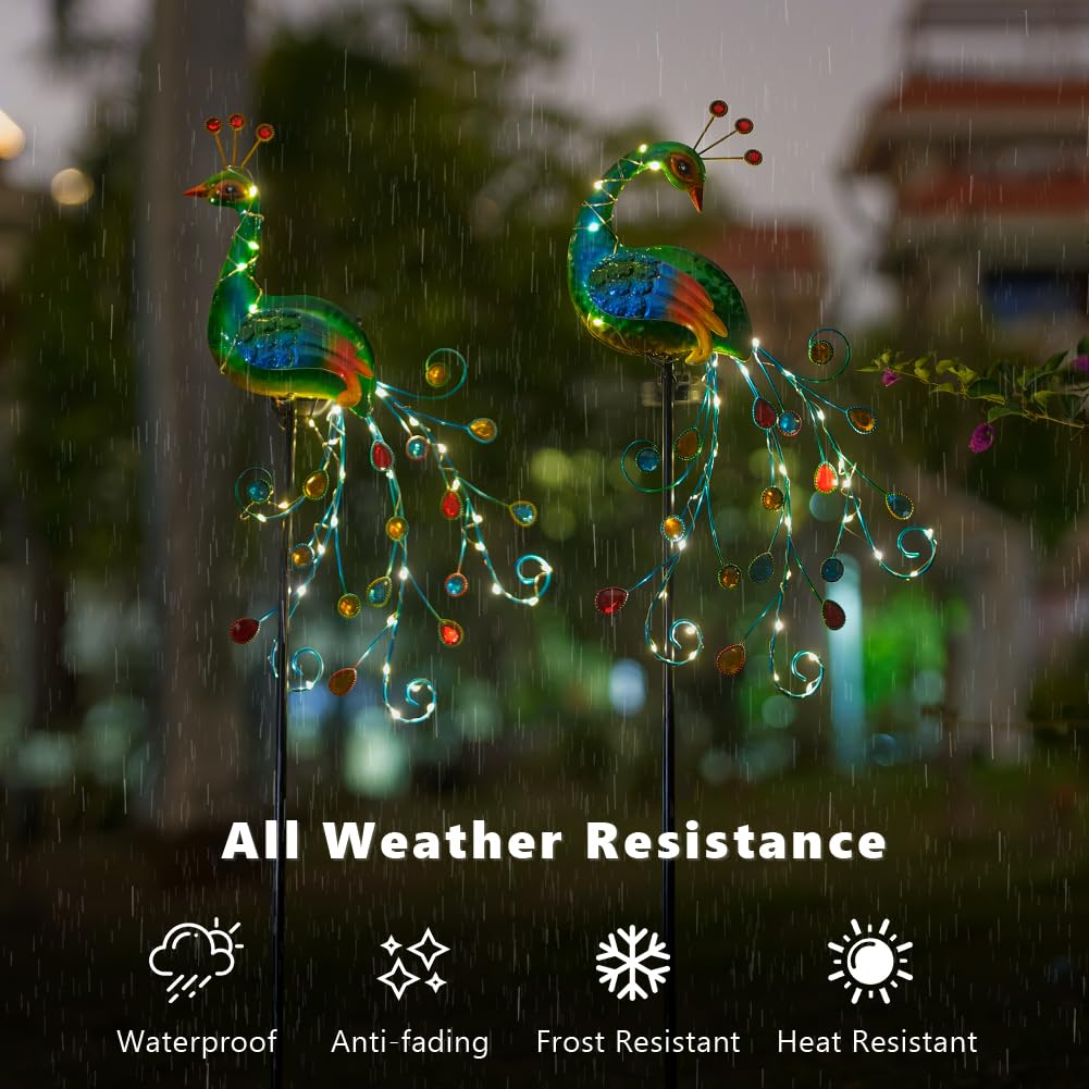 Vewogarden 2 Pack Solar Stake Lights Outdoor Waterproof Metal Peacock Solar Lights For Yard Garden Patio Pathway Walkway, Green